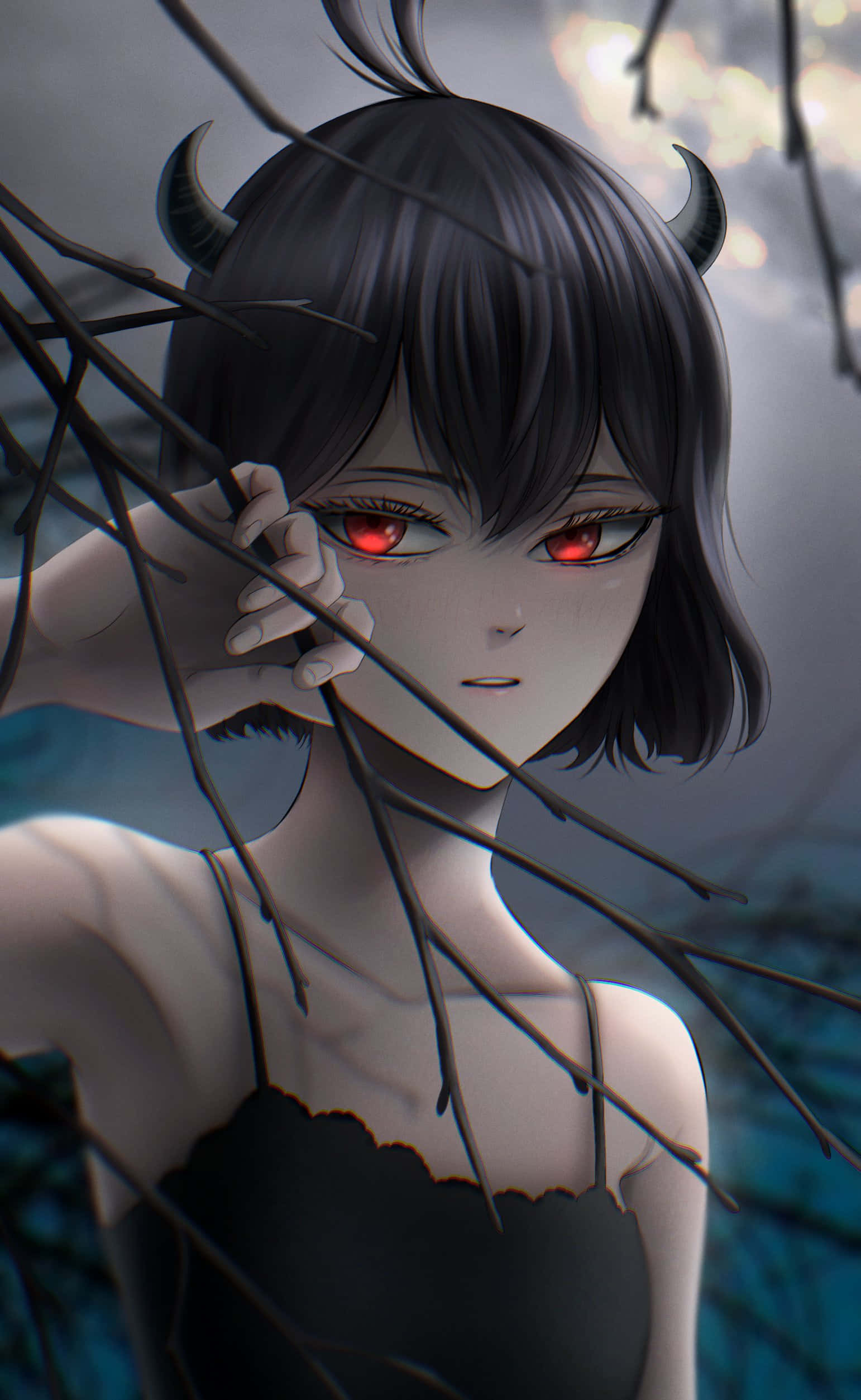 赤い目と角を持つ少女が木の上に立っている 壁紙