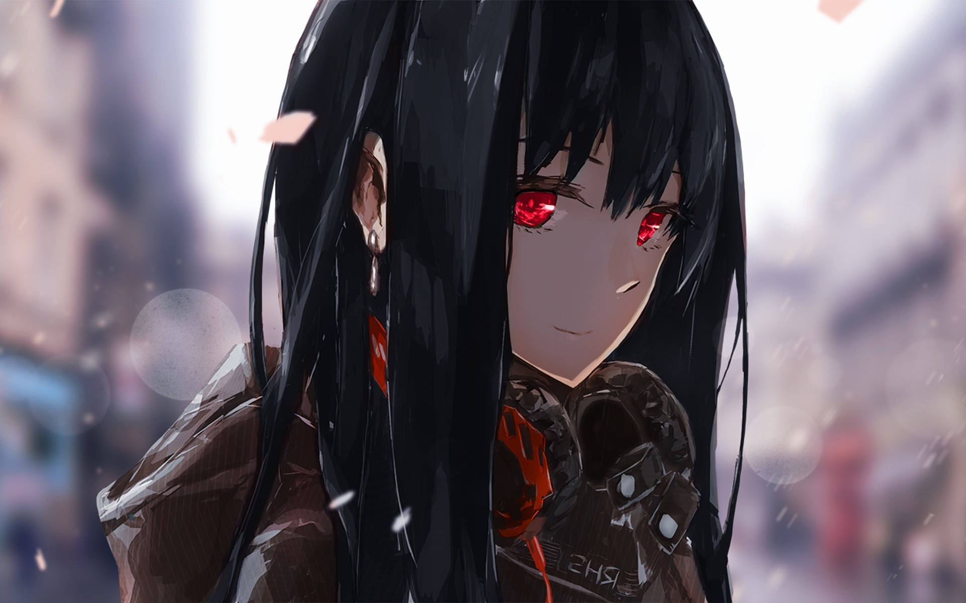 赤い瞳のアニメ風フード女子 壁紙