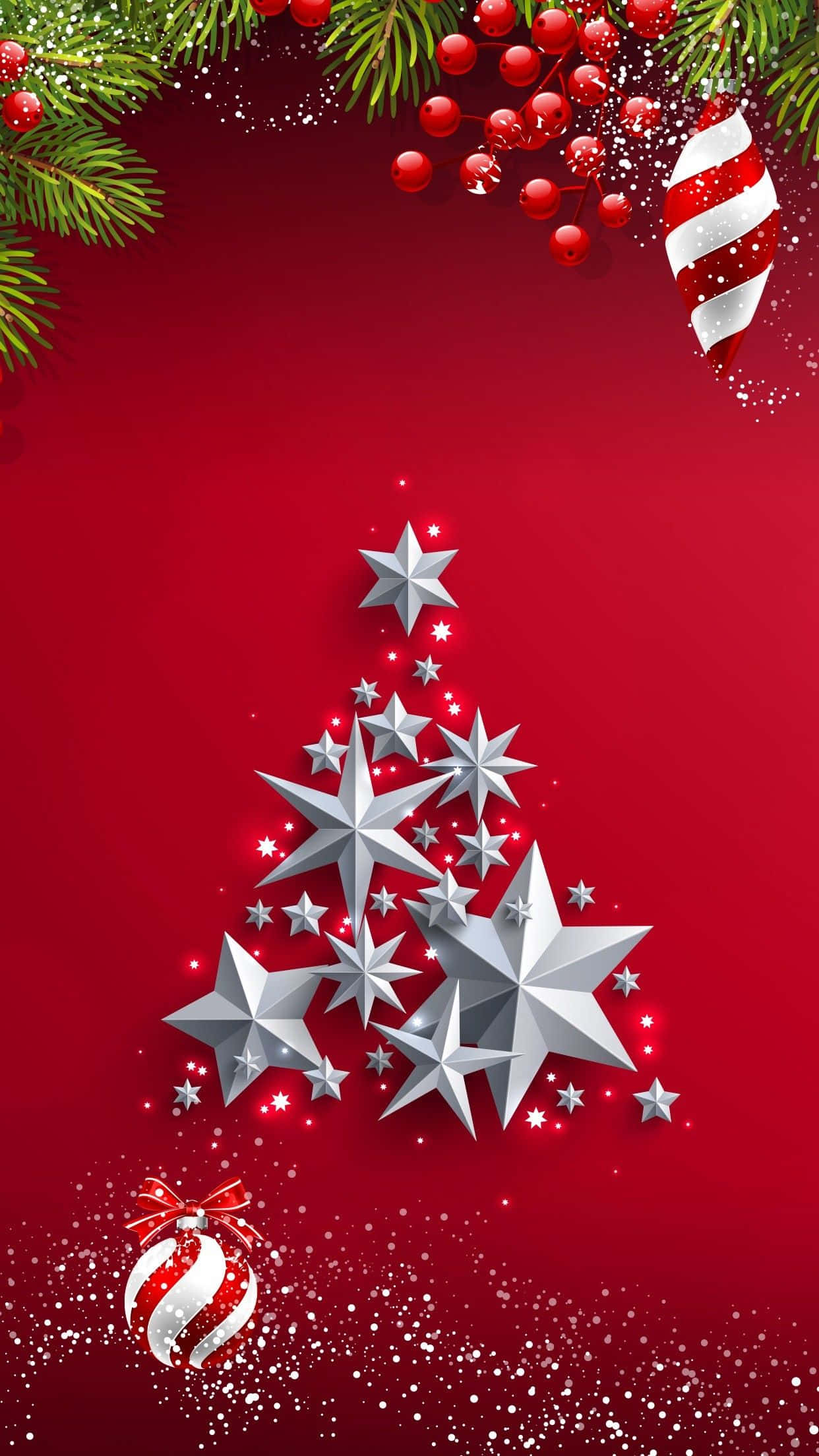 赤い背景に星が輝くクリスマスツリー 壁紙