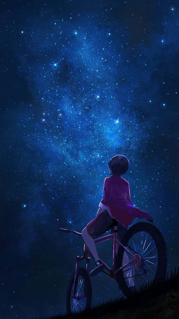赤い自転車の男が夜空を見上げるアニメ風景 壁紙