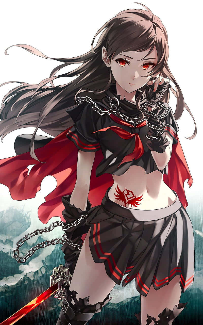 赤い鎖と制服のアニメ美少女 壁紙