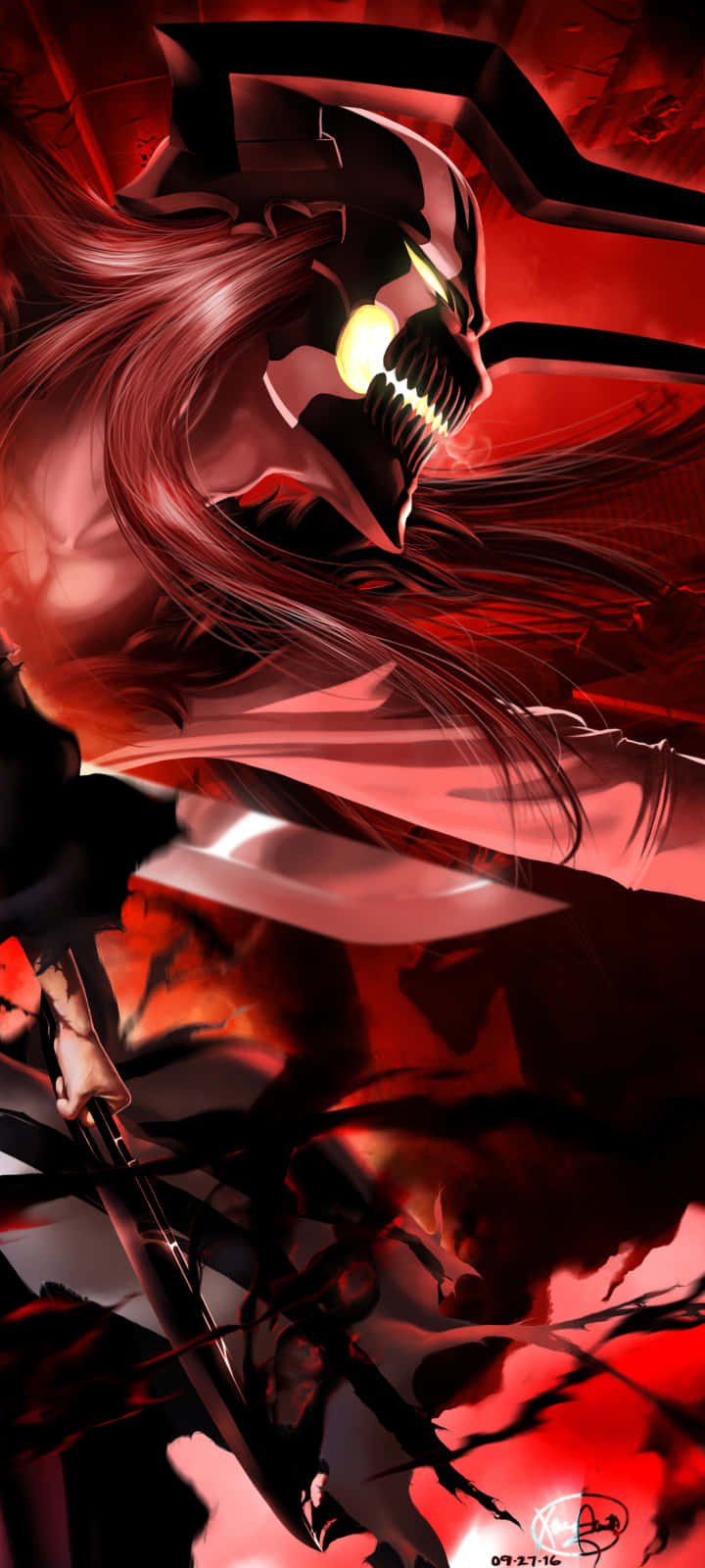 赤と黒の長い髪のアニメキャラクター 壁紙