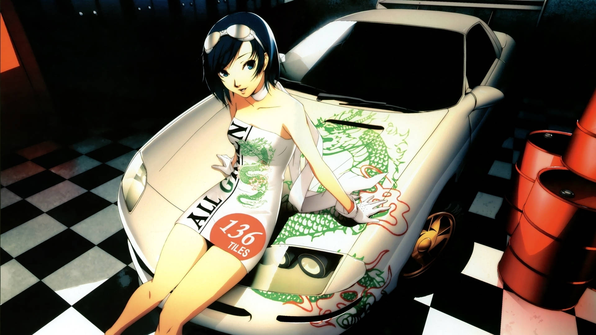 車のボンネットに座るアニメ少女 壁紙