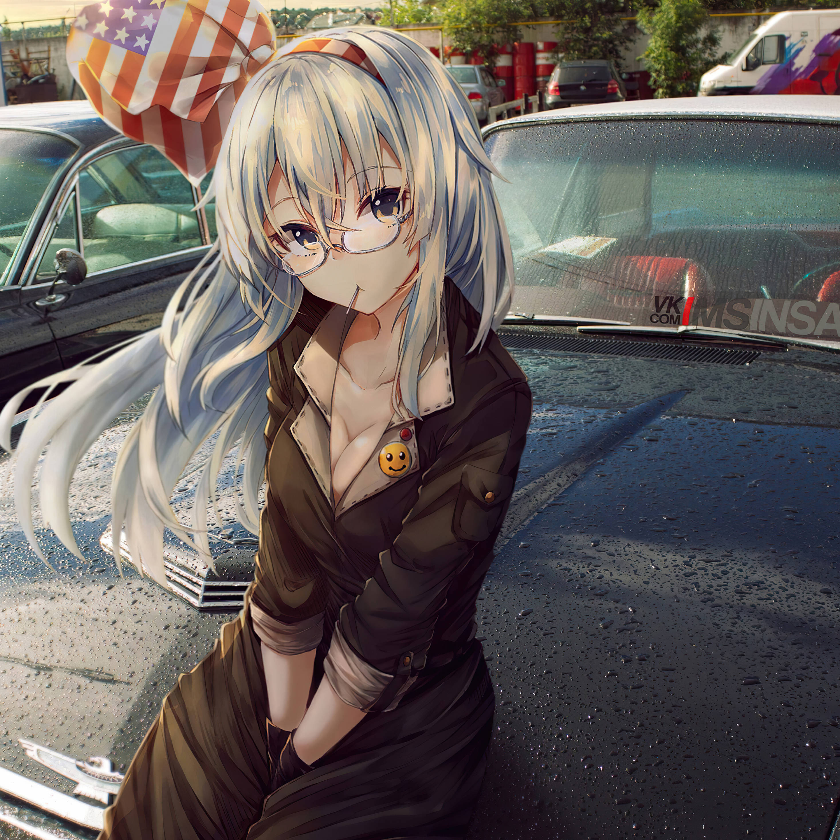 車の上で雨に濡れるアニメ風少女 壁紙