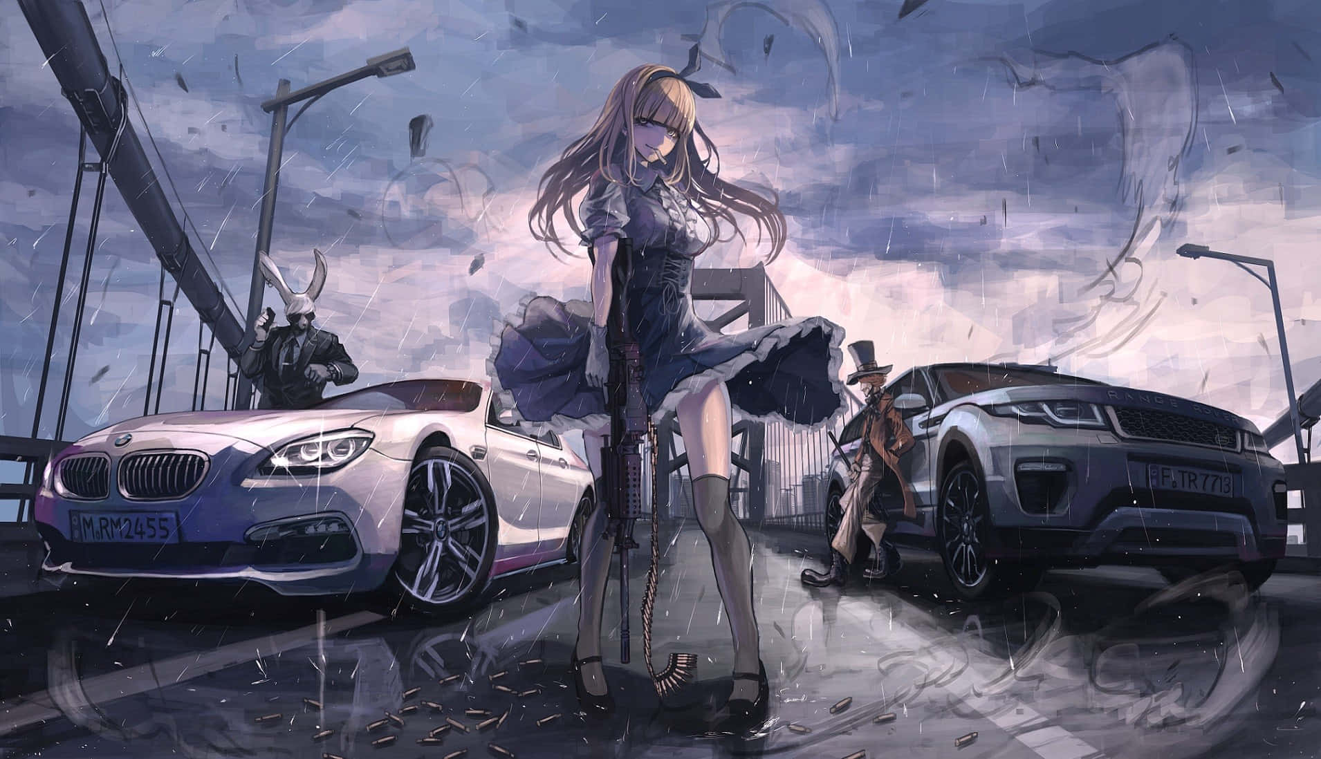 車の隣に立つ少女 壁紙