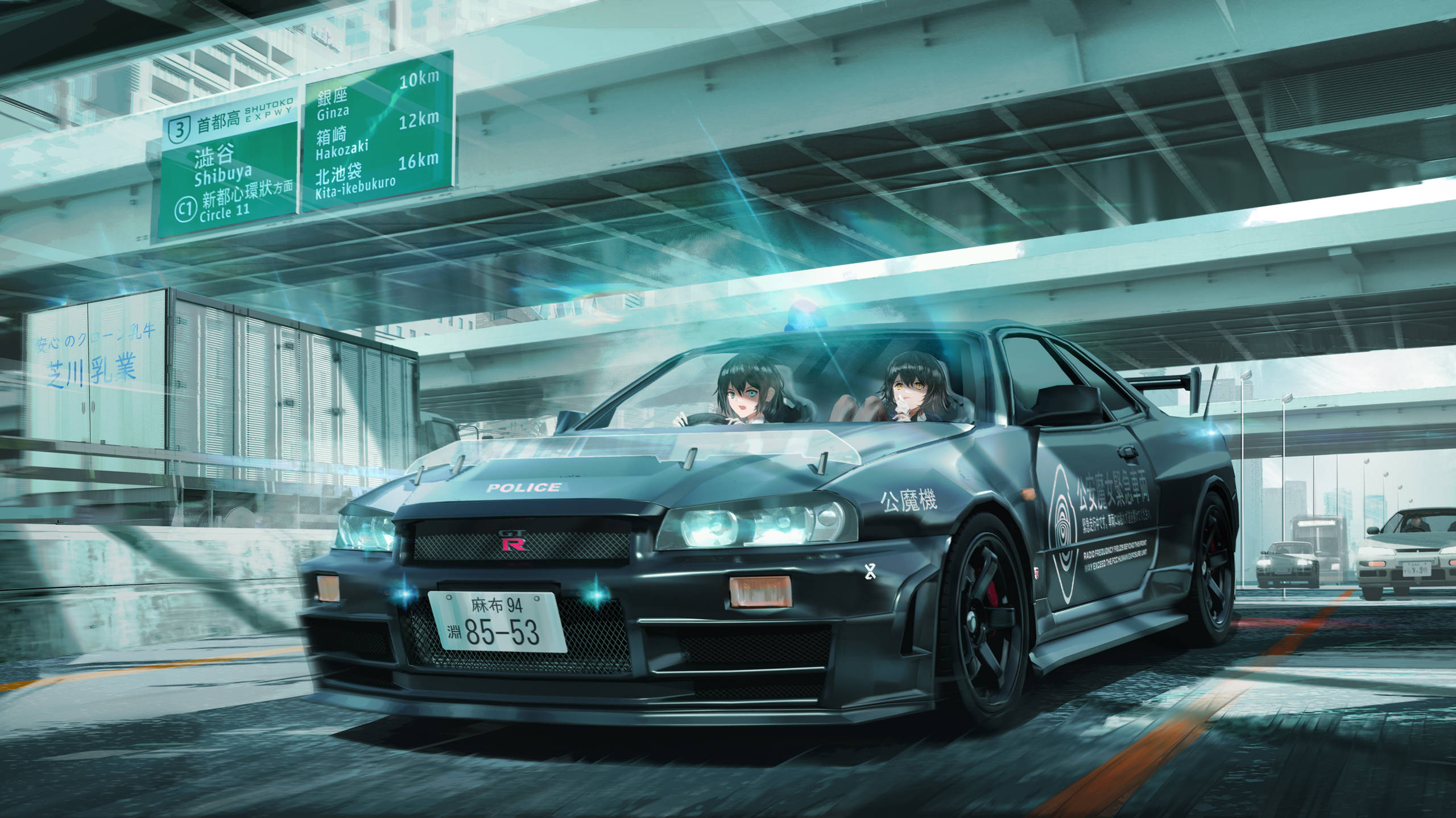 車内に座るアニメの少女たち 壁紙