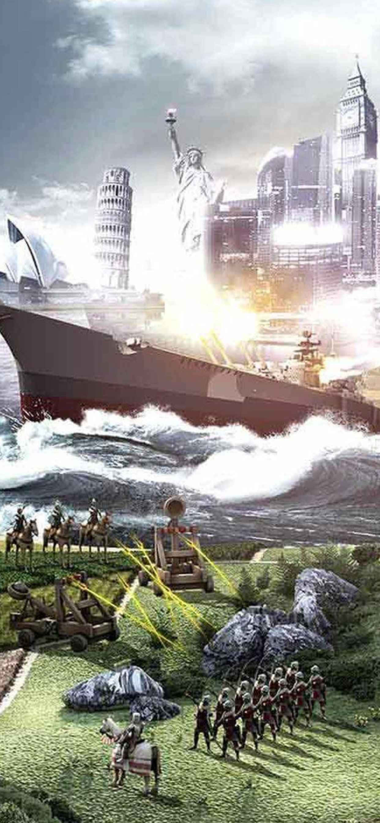 軍艦が水の上にあり、兵士たちがいる 壁紙