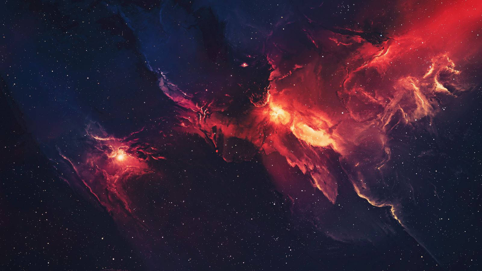 輝く赤の二つの見事な爆発が、渦巻銀河の星々の中に広がる。 壁紙