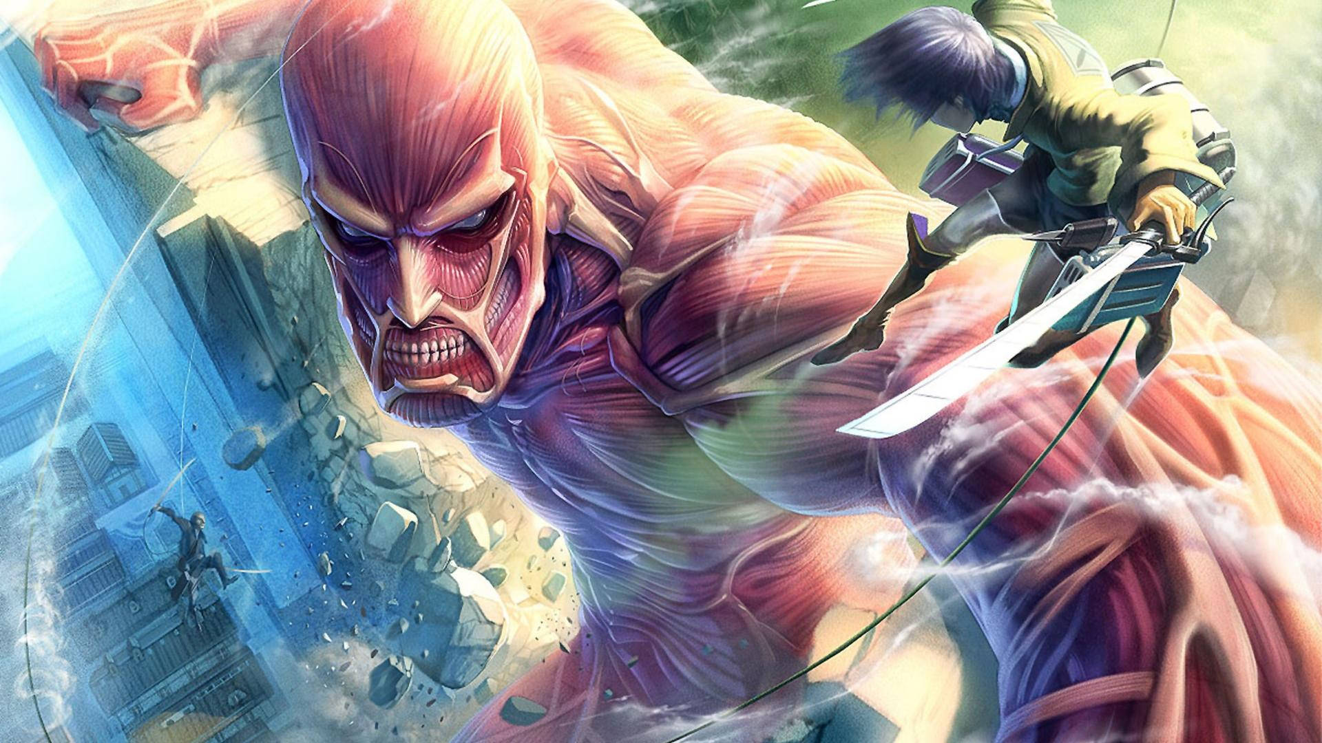 怒り狂う超大型巨人がウォール・マリアでエレンと戦う『進撃の巨人』ファンアート壁紙。