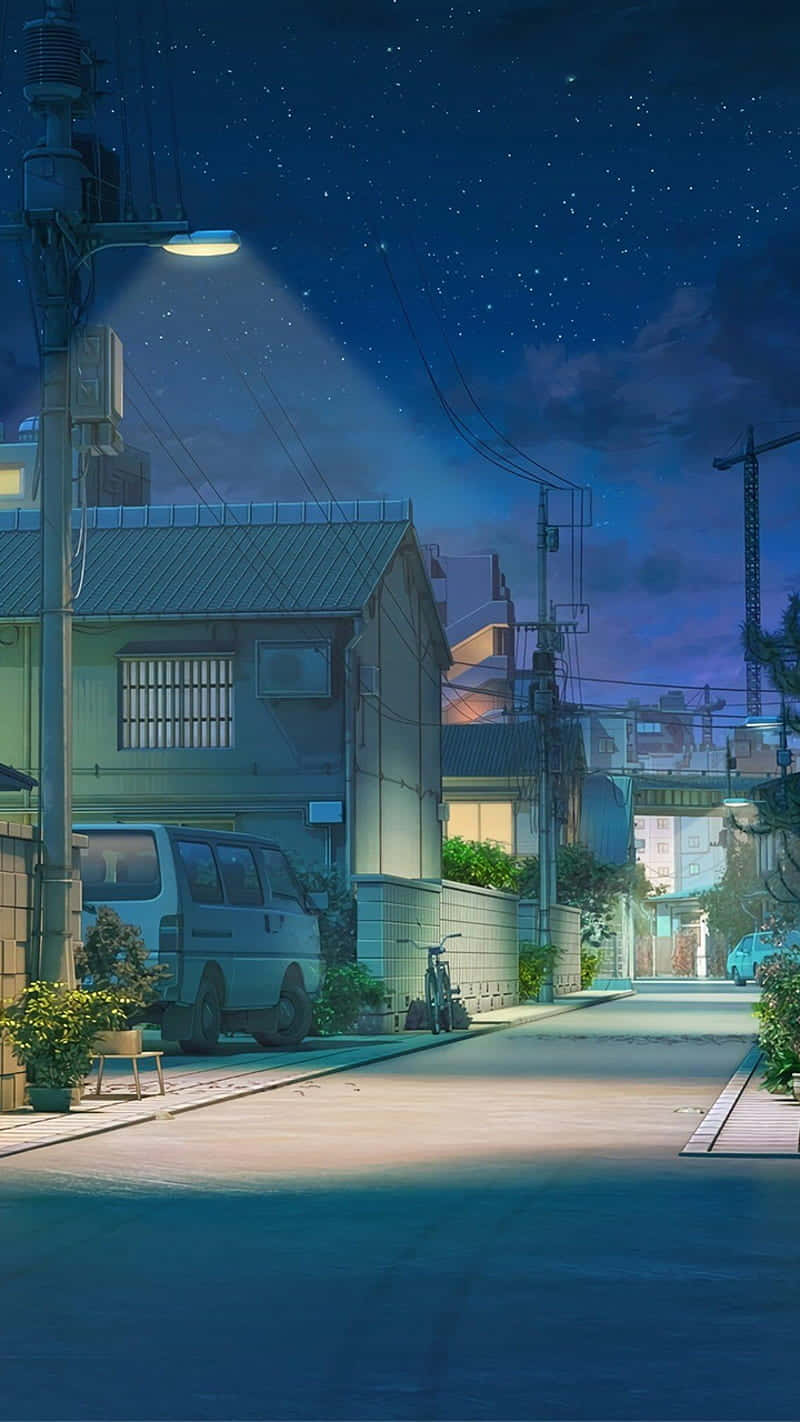 都市コミュニティの夜アニメ風景 壁紙