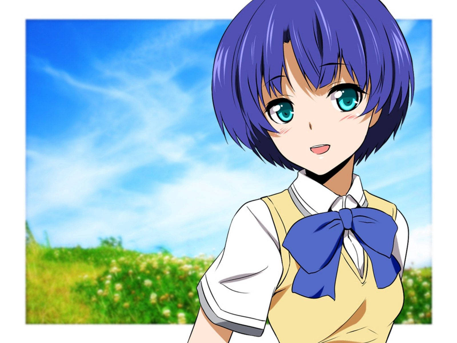 野原で微笑む可愛いアニメ少女の壁紙