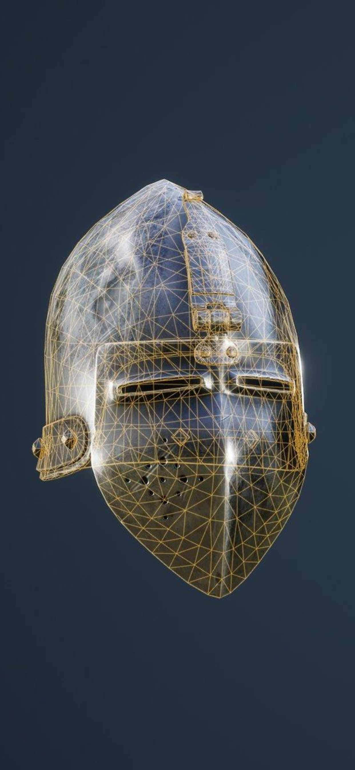 金のヘルメットにワイヤーメッシュが付いている 壁紙