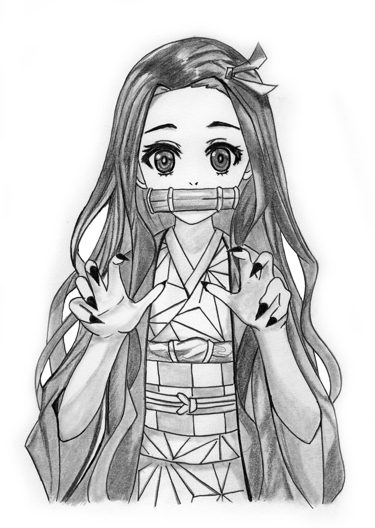 鉛筆画で描かれた鬼滅の刃・禰豆子 壁紙