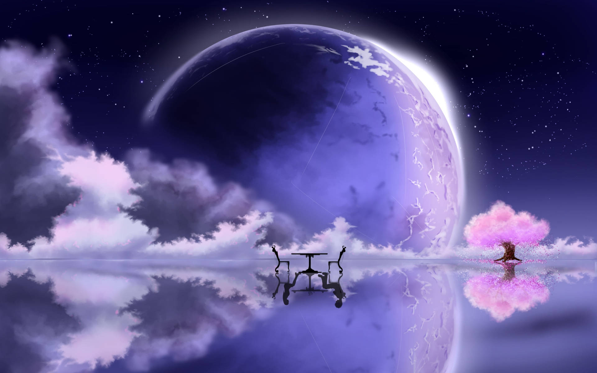 銀河の月と湖のファンタジーアート 壁紙
