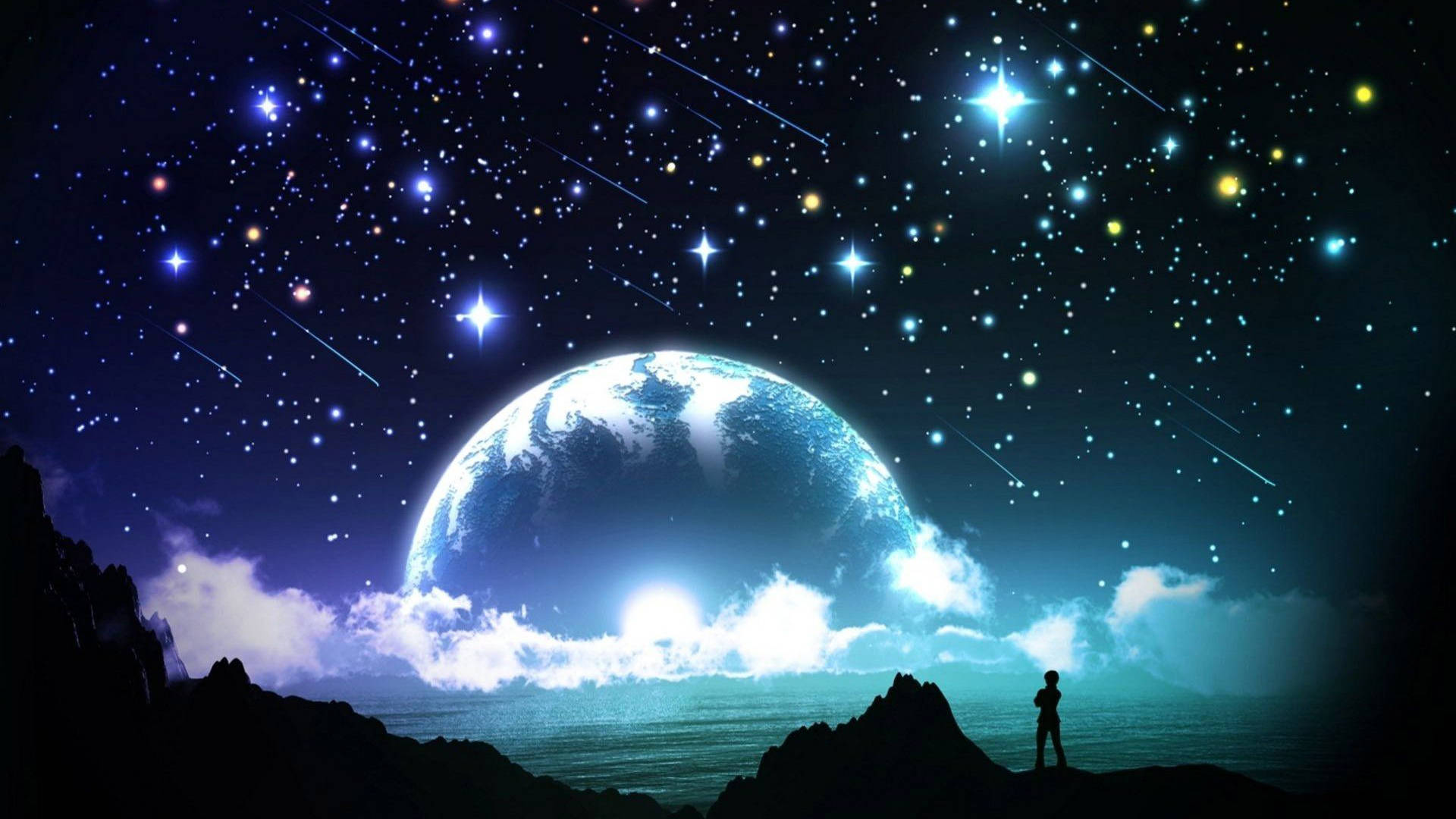 銀河の月と輝く星々 壁紙