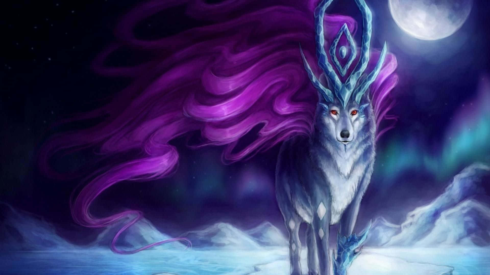 銀河の狼を幻想的に描いた、明るい星々と天の川を背景にしたイメージ 壁紙