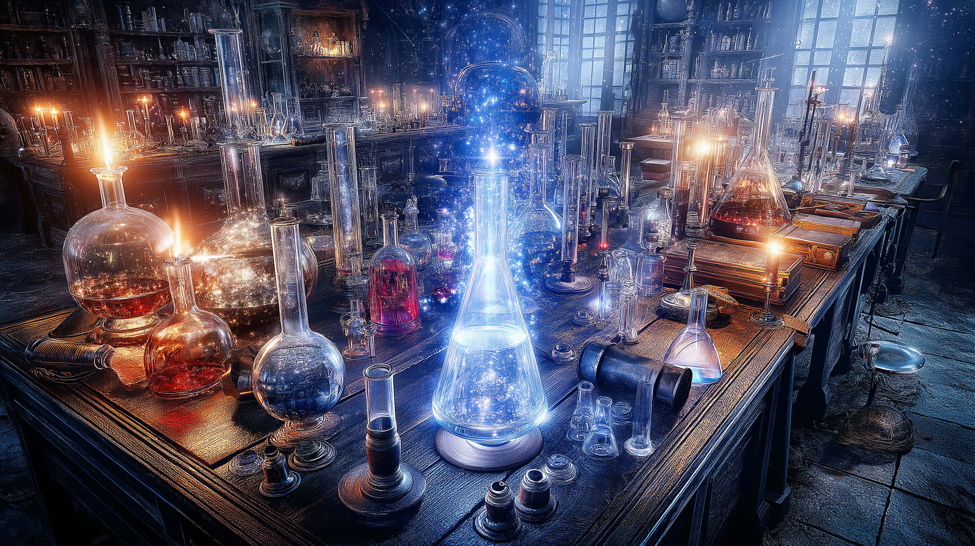 錬金術、研究室、ポーション、魔法、ファンタジー、科学、神秘的な、輝く、ダークアカデミア、ヴィンテージ、魔術、実験室、ガラス、実験、秘術