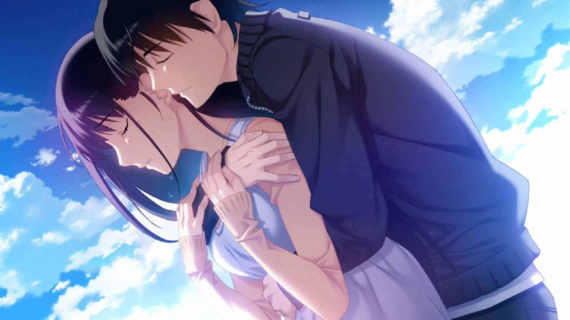 閉じた目で抱き合うアニメカップル 壁紙