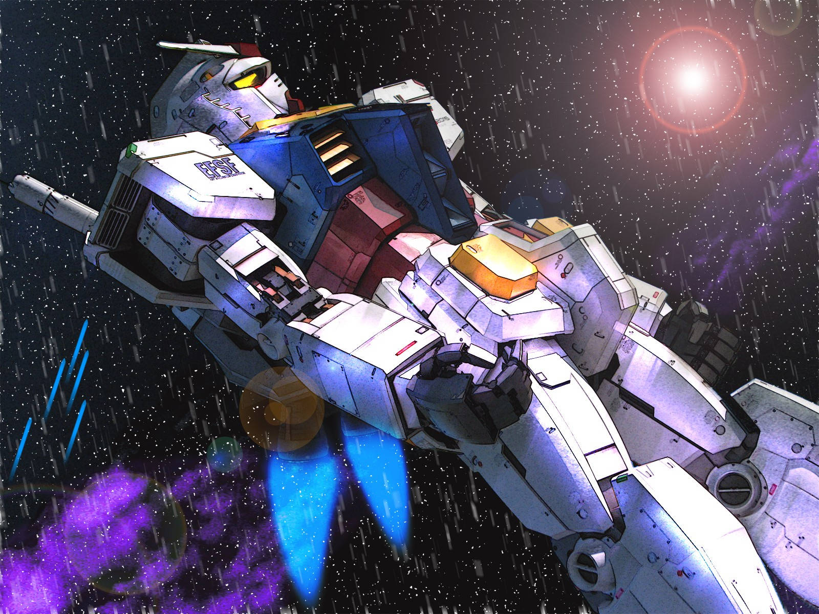 降り注ぐ雨の中の機動戦士ガンダム