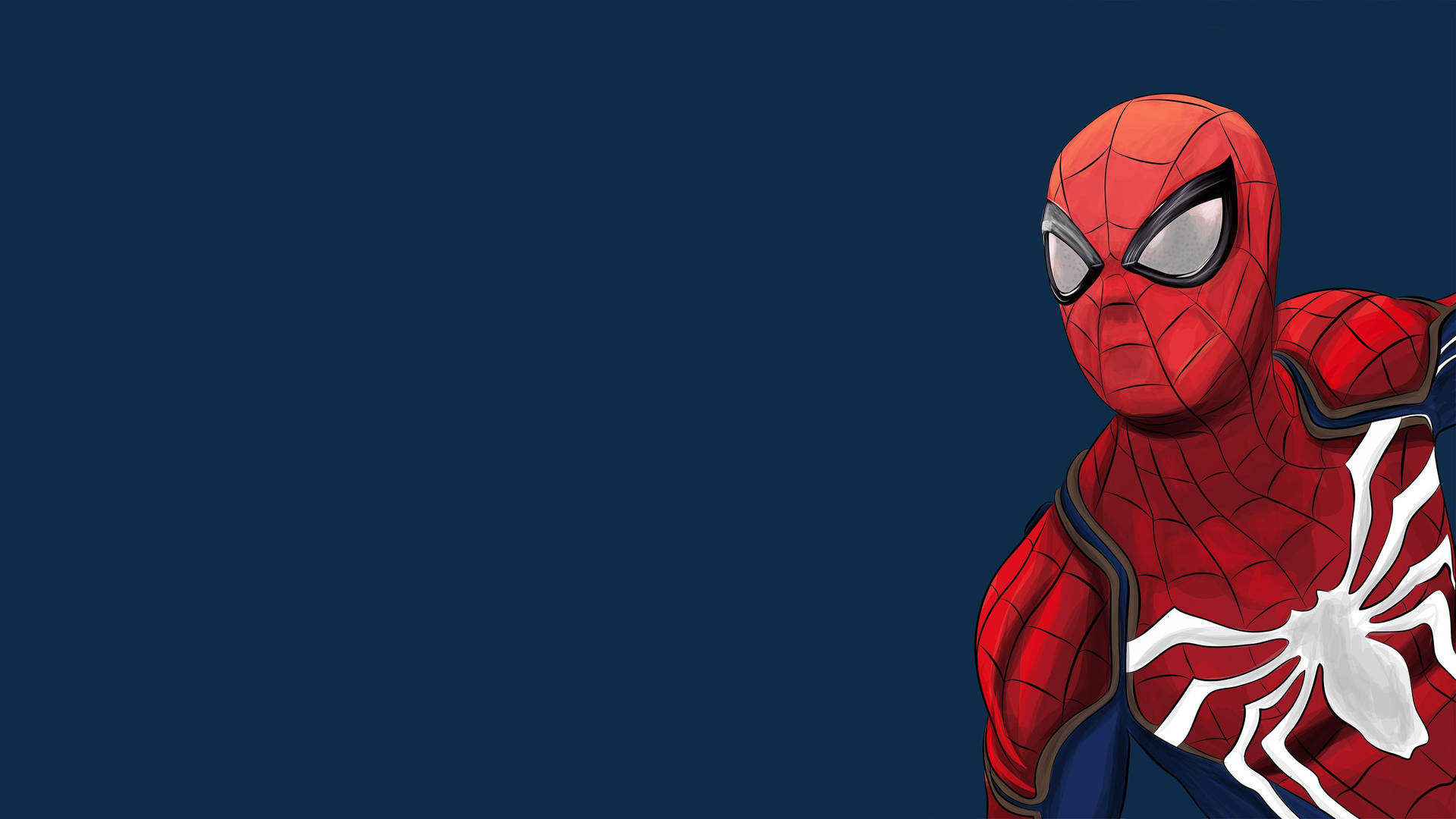 暗い青の背景に、隅っこから赤いコスチュームを見せるスパイダーマン