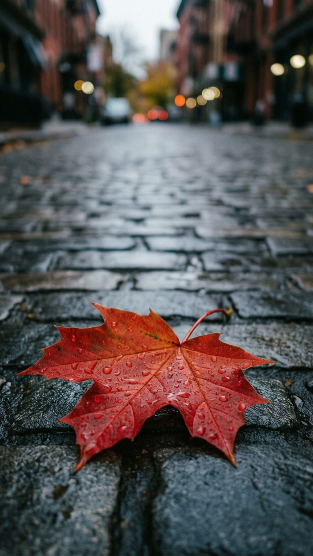 雨に濡れた石畳の紅葉 壁紙