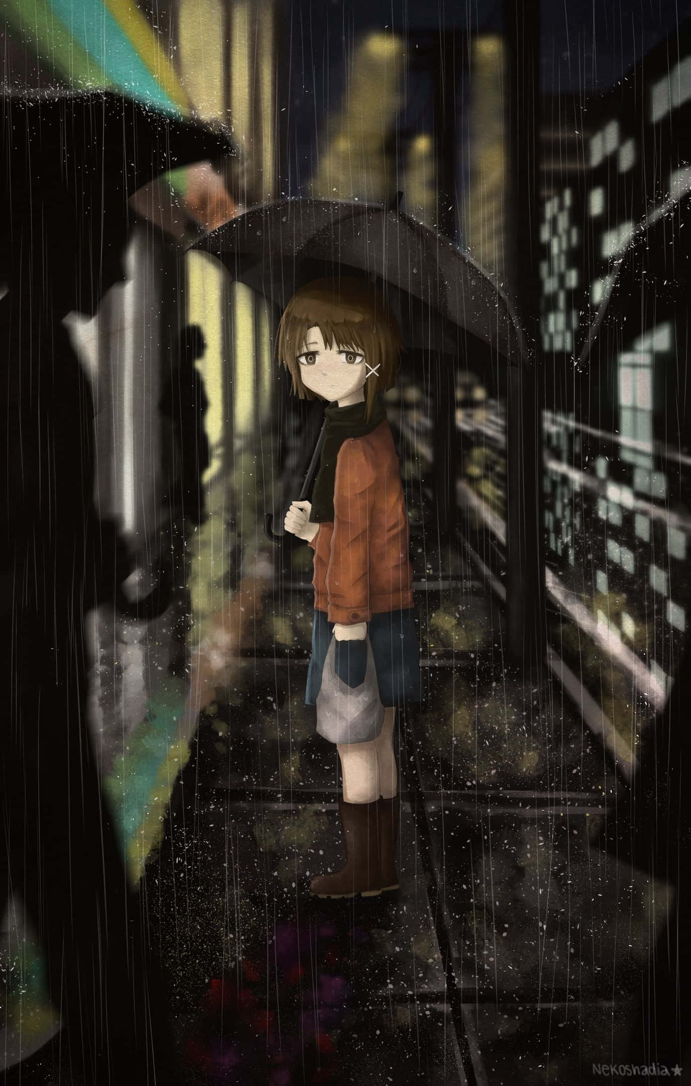 雨の中、傘をさす少女 壁紙