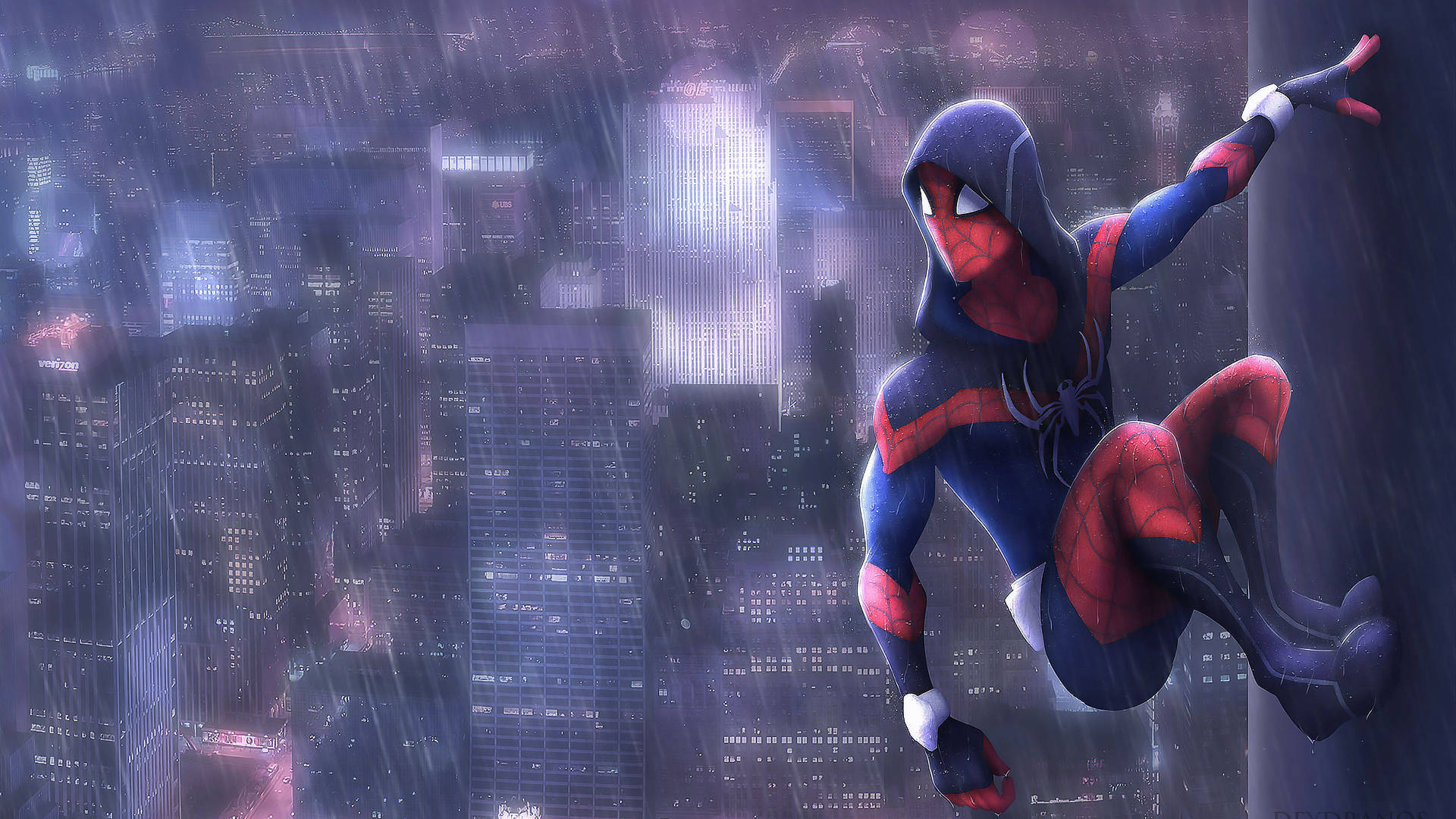 雨の日にぼやけた背景の建物にしがみつくスパイダーマン