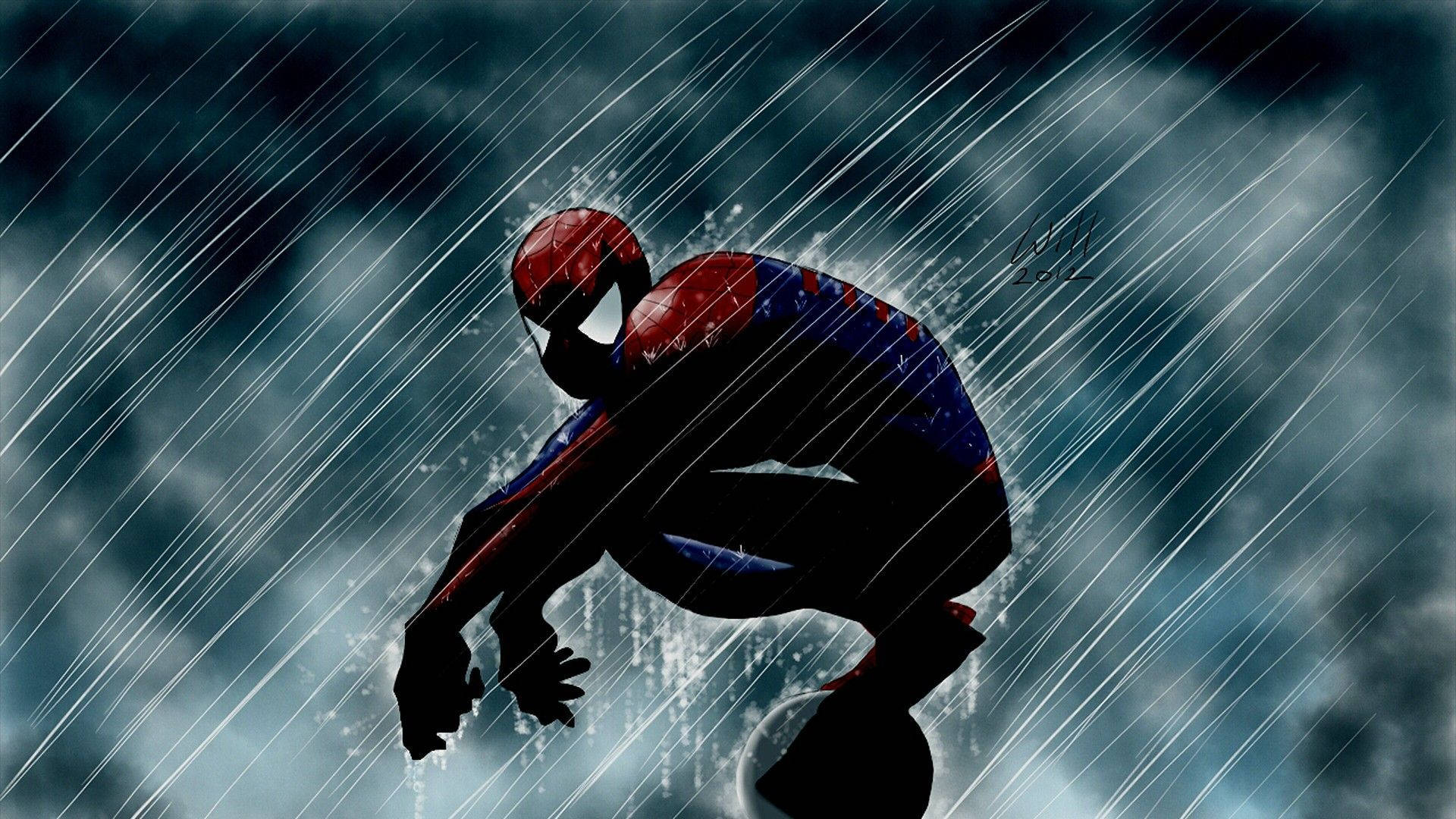 外に座って雨に濡れるスパイダーマン