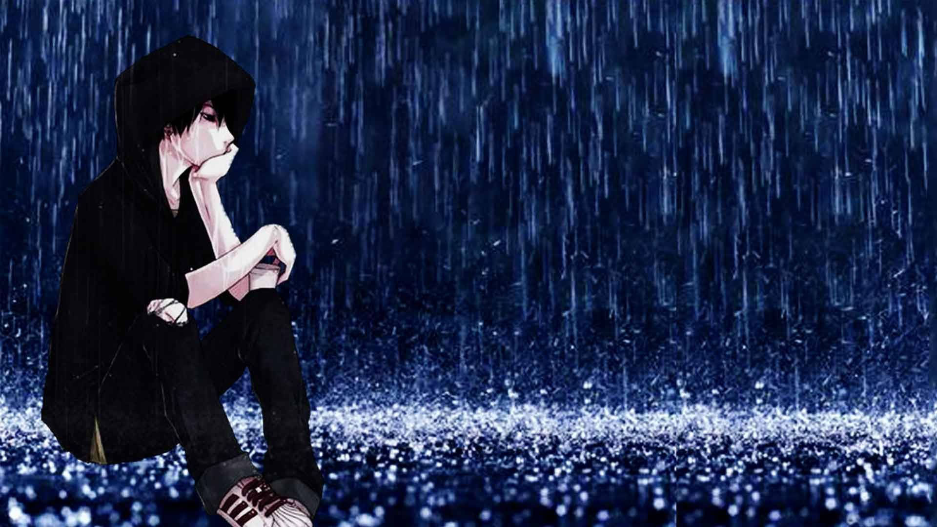 雨の中の孤独で悲しいアニメ少年 壁紙