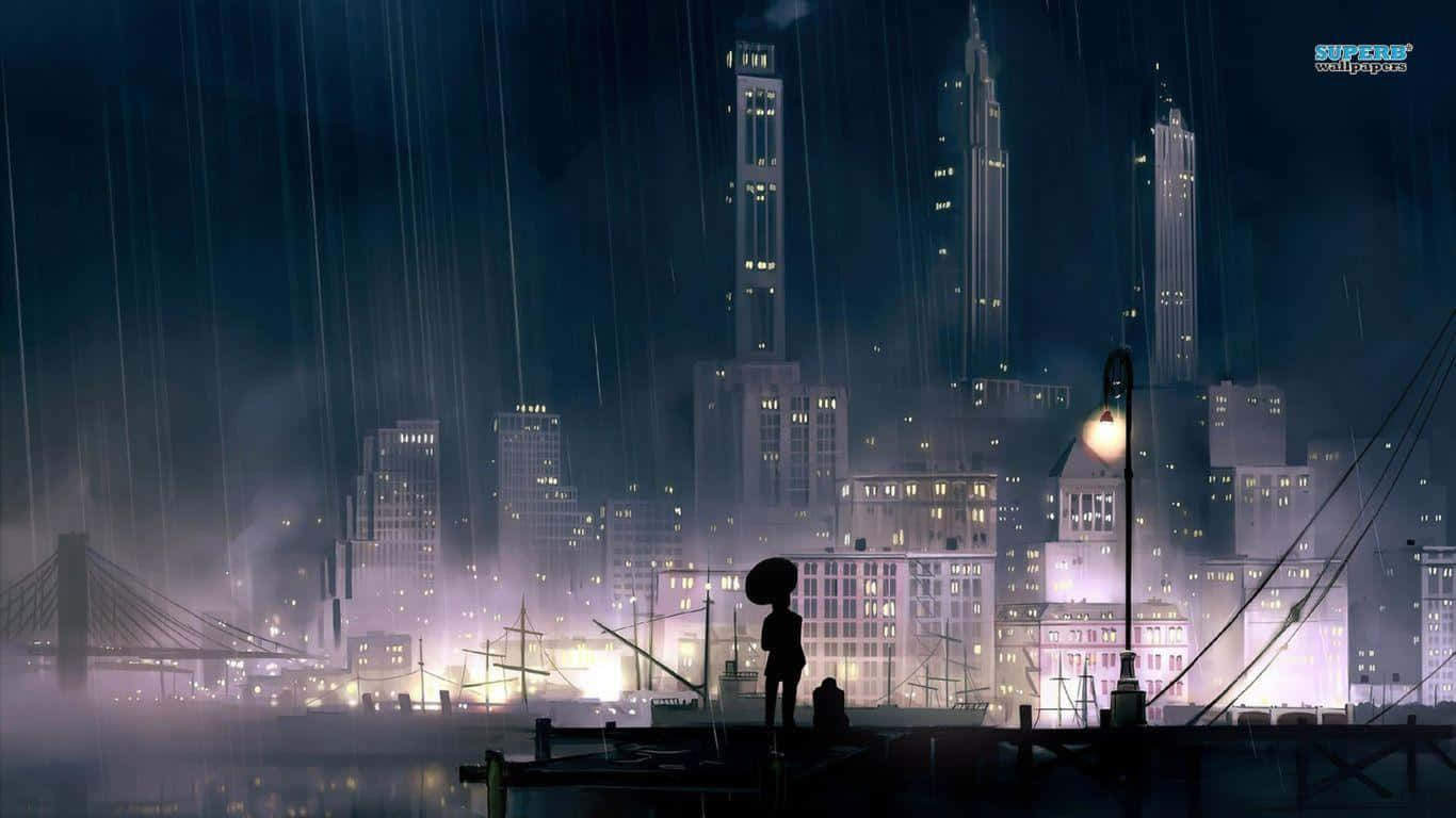 雨の中の街、水の中に立つ人 壁紙