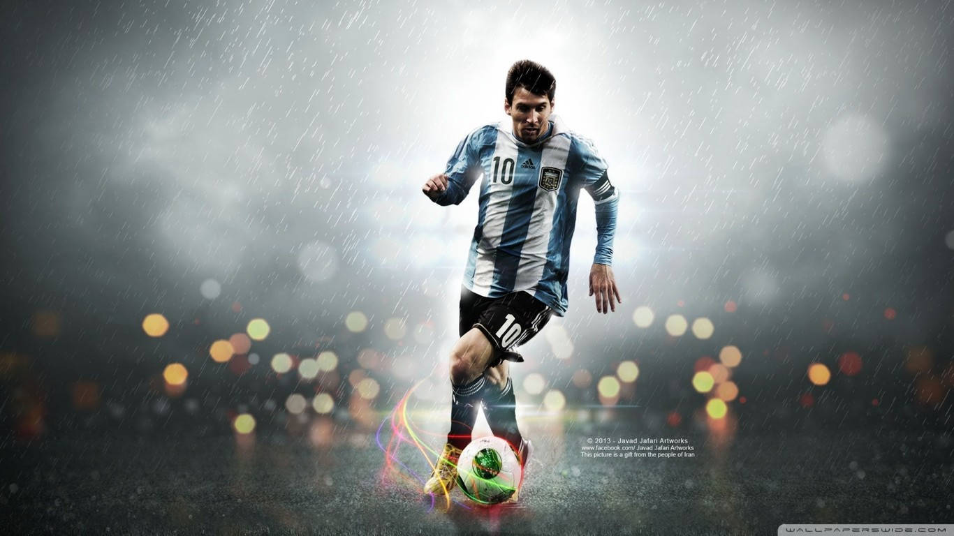 雨の中でサッカーをするリオネル・メッシのファンアート壁紙