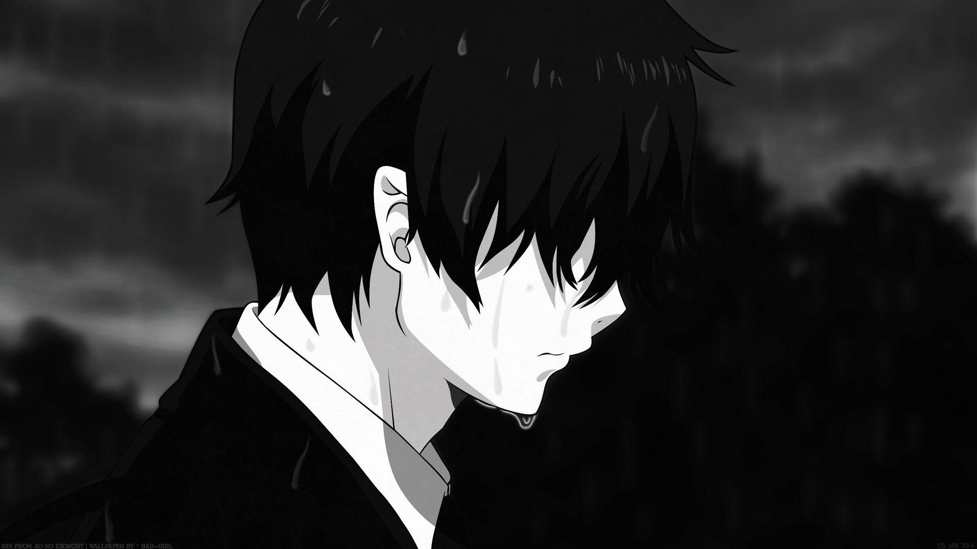 雨の中泣くアニメ少年の壁紙