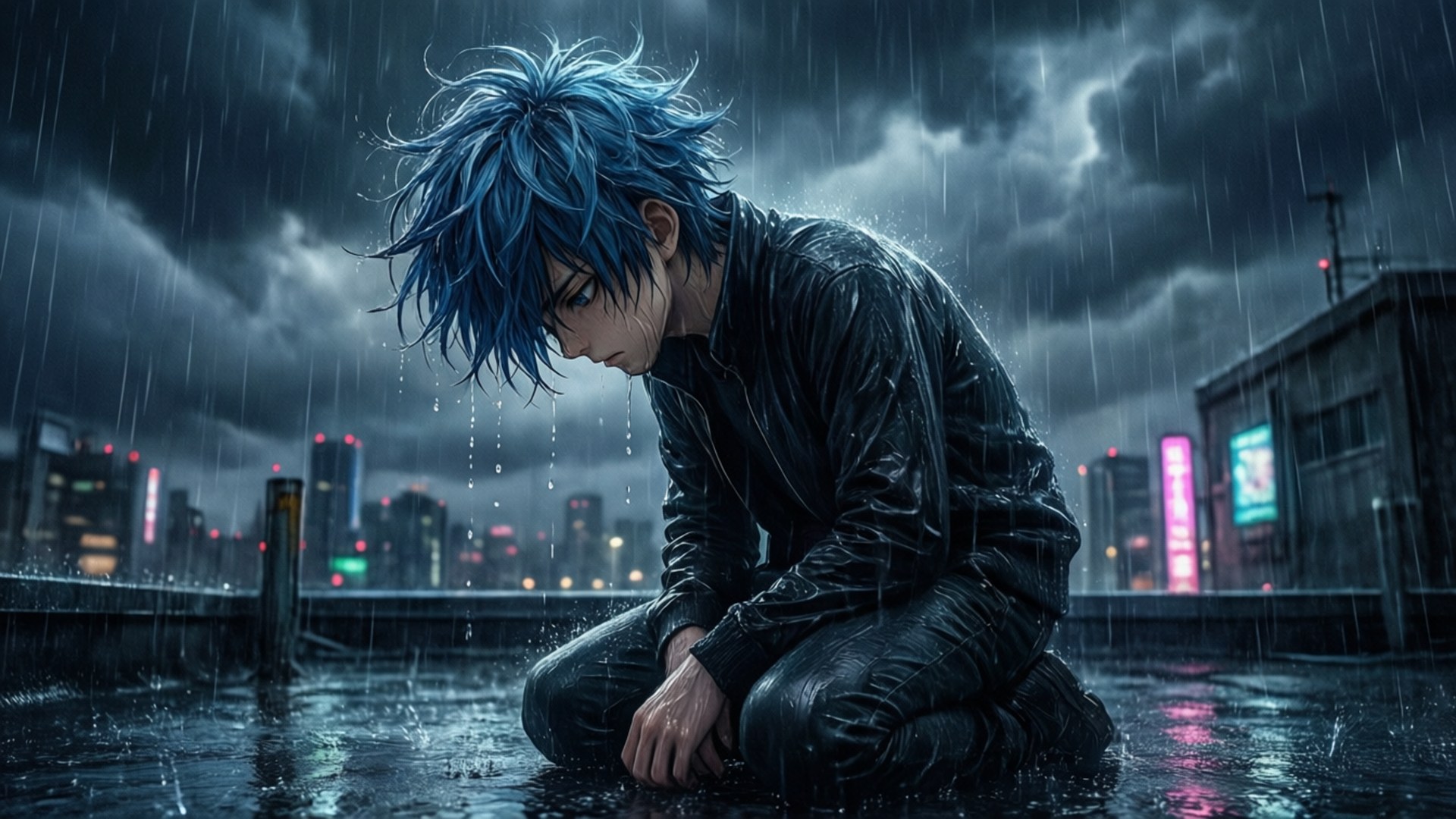 雨の屋上 壁紙