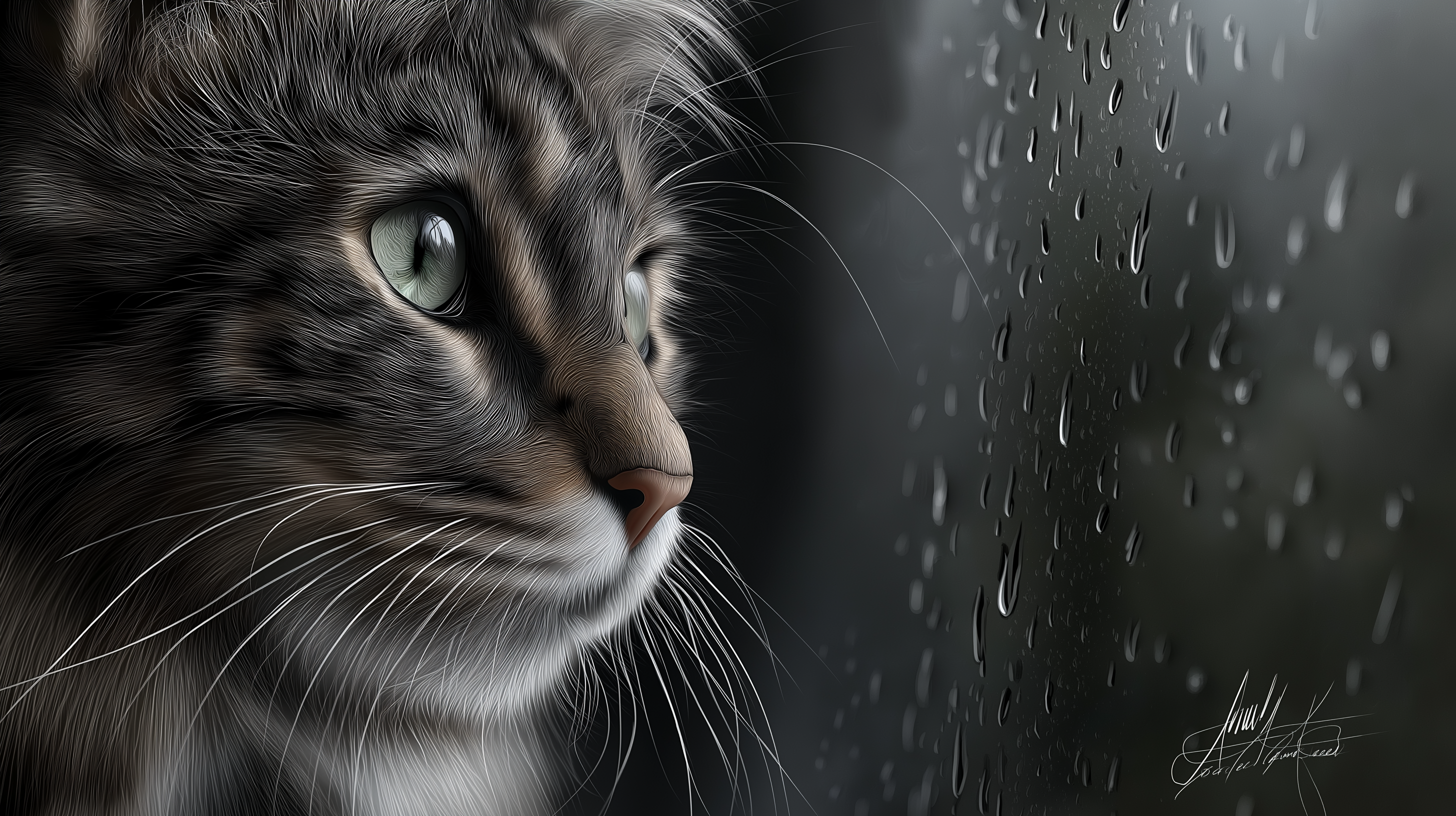 雨の窓辺で外を見つめるふわふわの猫 壁紙