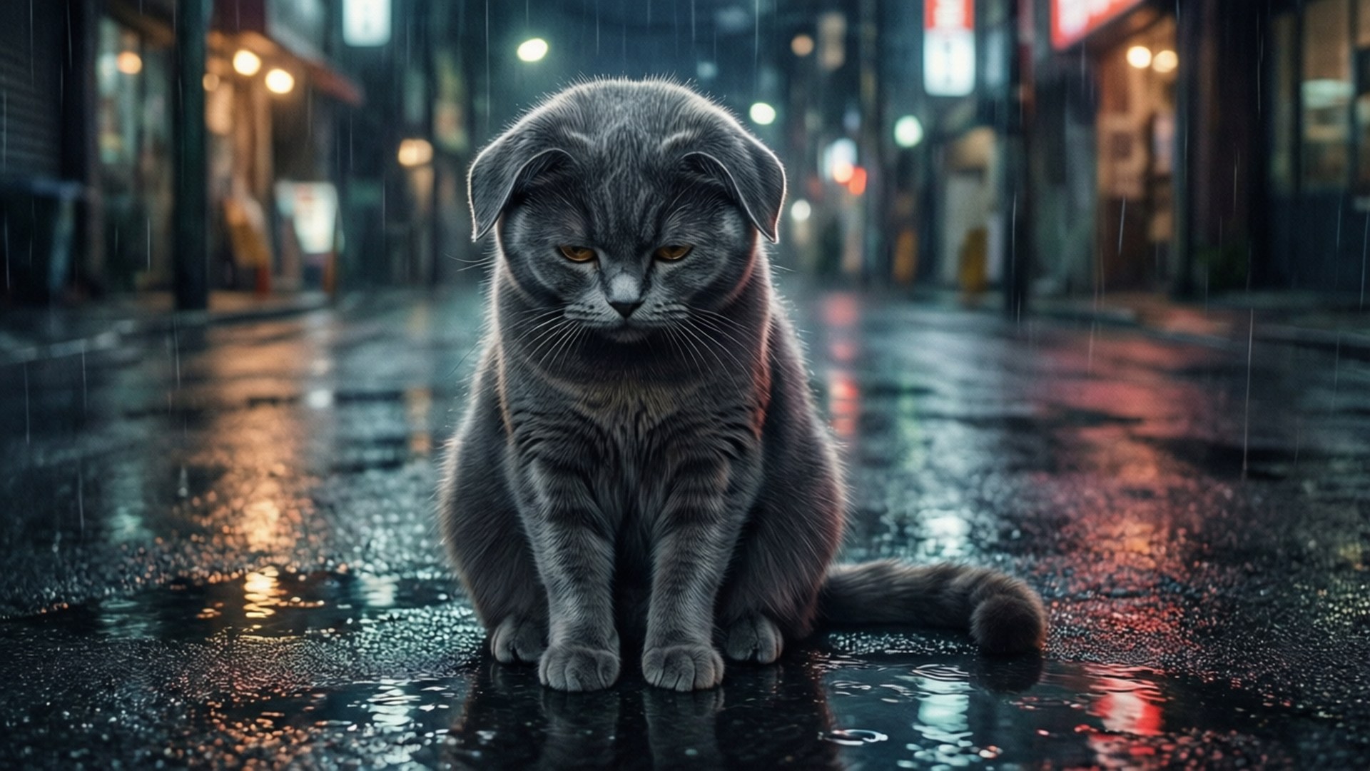 雨の街の猫 壁紙