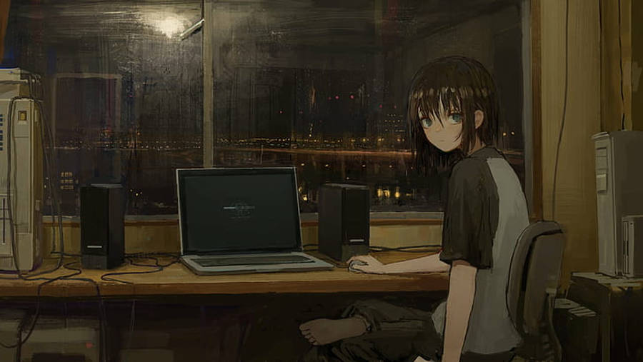 雨の街並みを眺めるアニメ風ノートPC 壁紙
