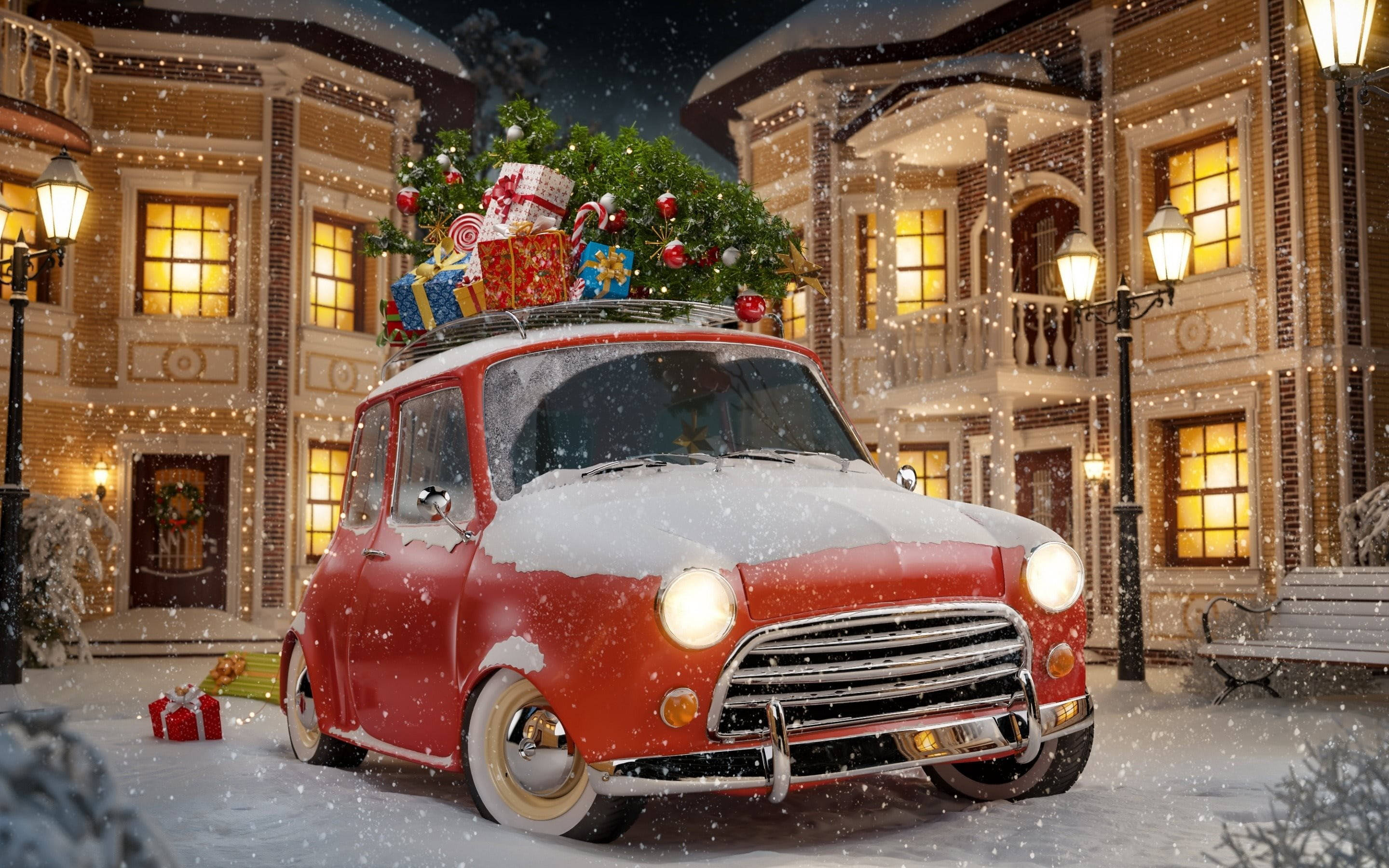 雪とクリスマスの装飾が施された美しい車 壁紙