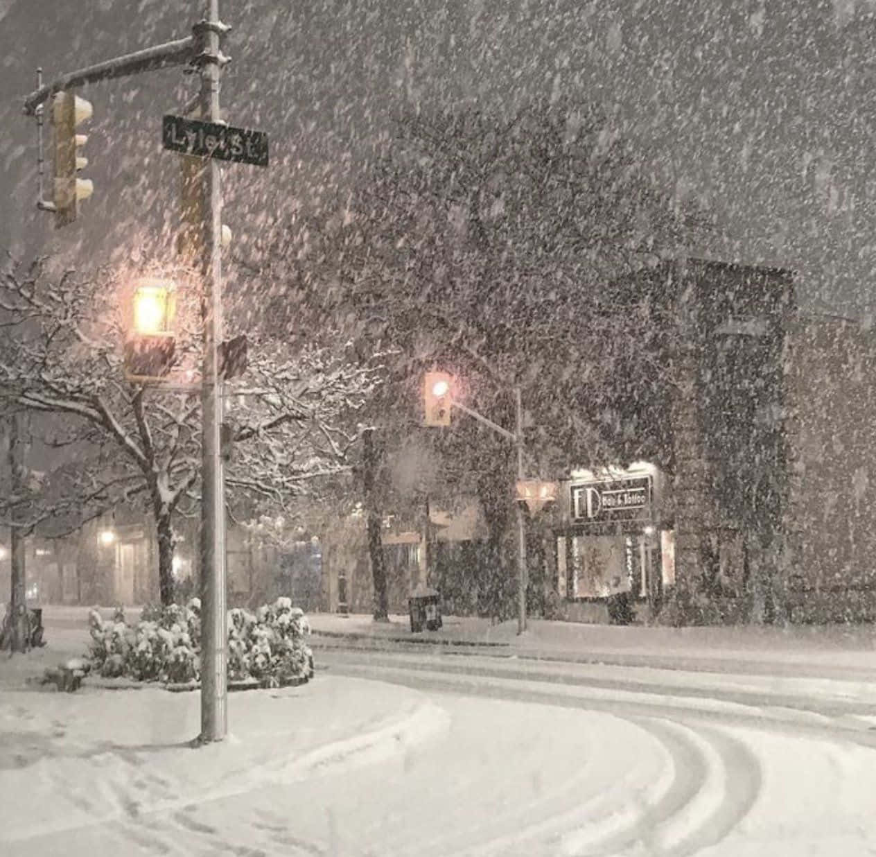 雪に覆われた通りと街灯 壁紙