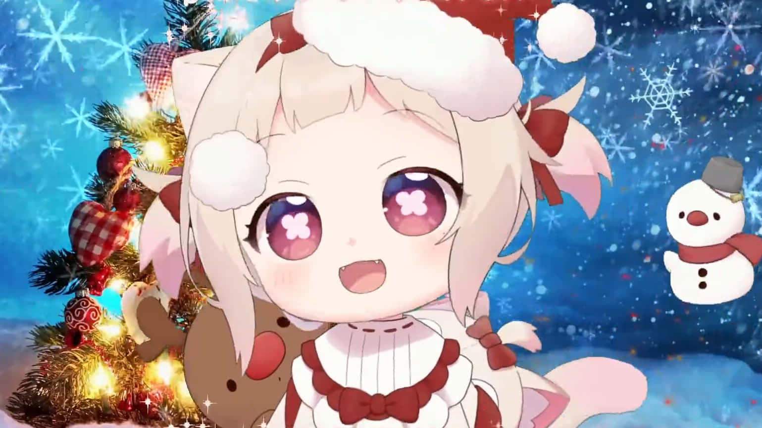 雪のクリスマス背景に可愛いアニメキャラクター 壁紙