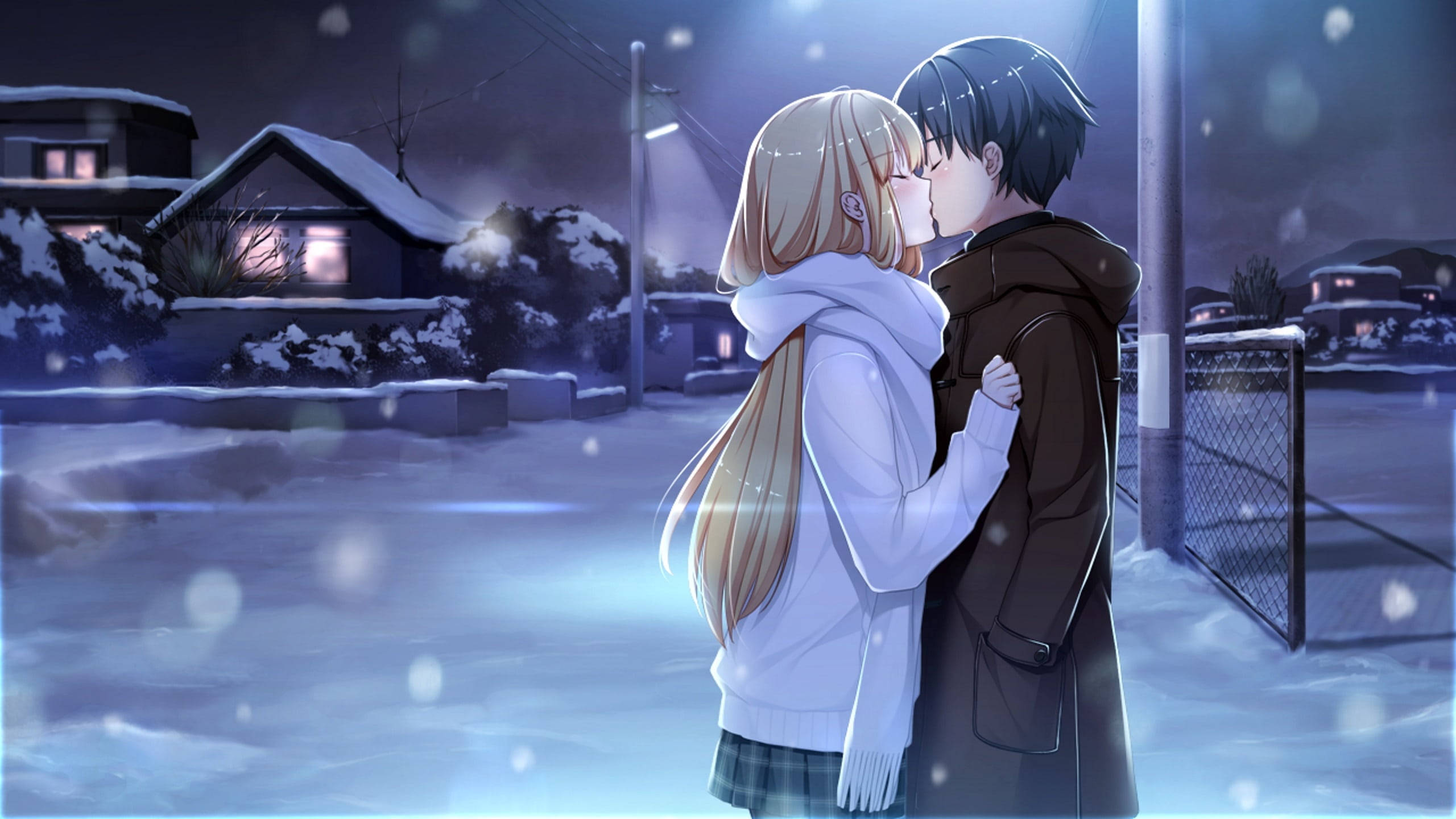 雪の中でキスするアニメカップル 壁紙