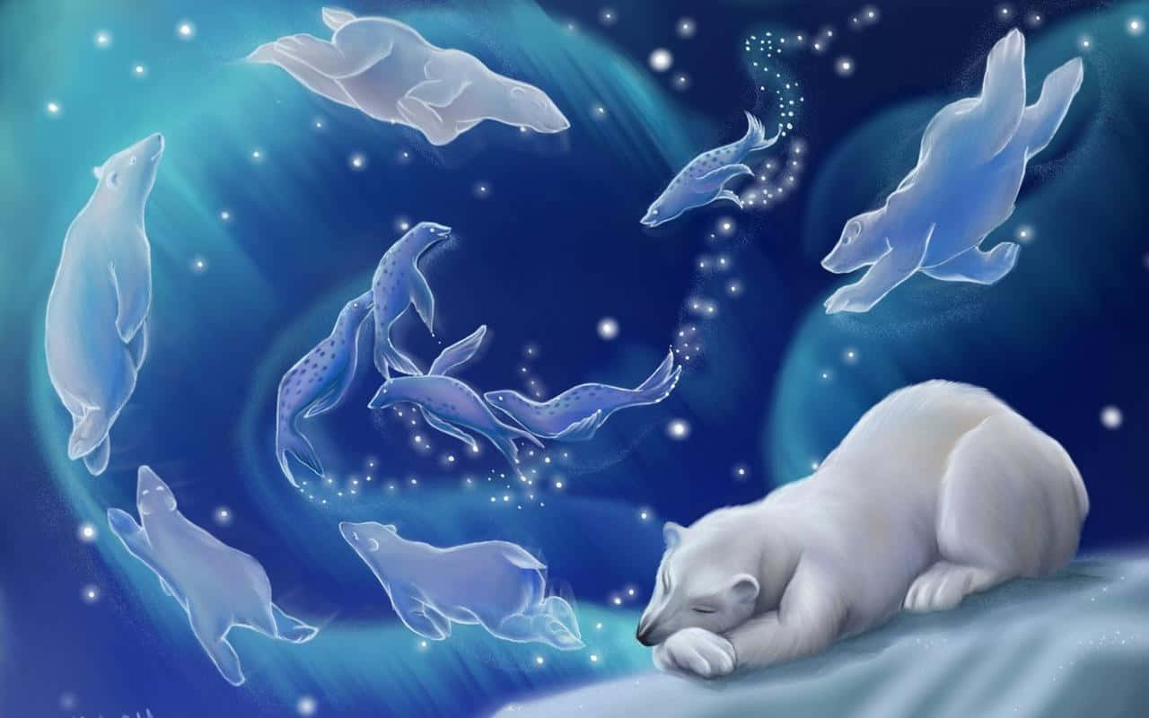 雪の中で眠るシロクマとイルカ 壁紙