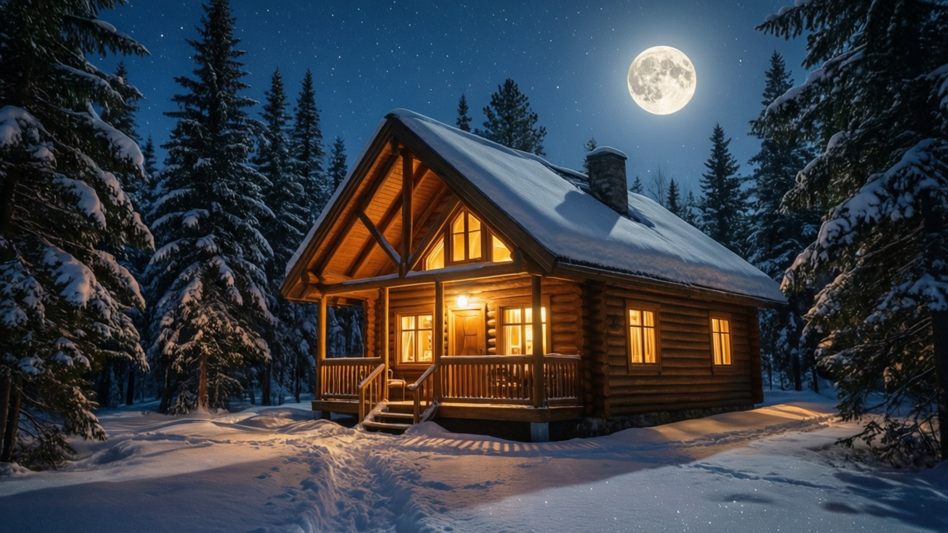 雪の夜の山小屋 壁紙