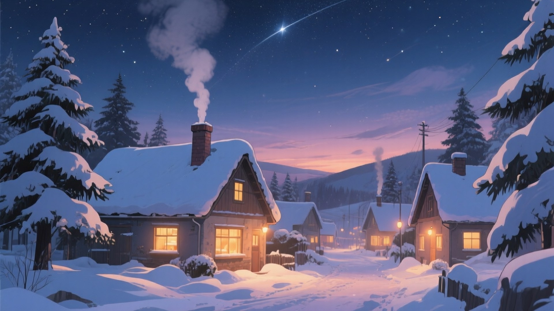 雪の村の夕暮れ 壁紙