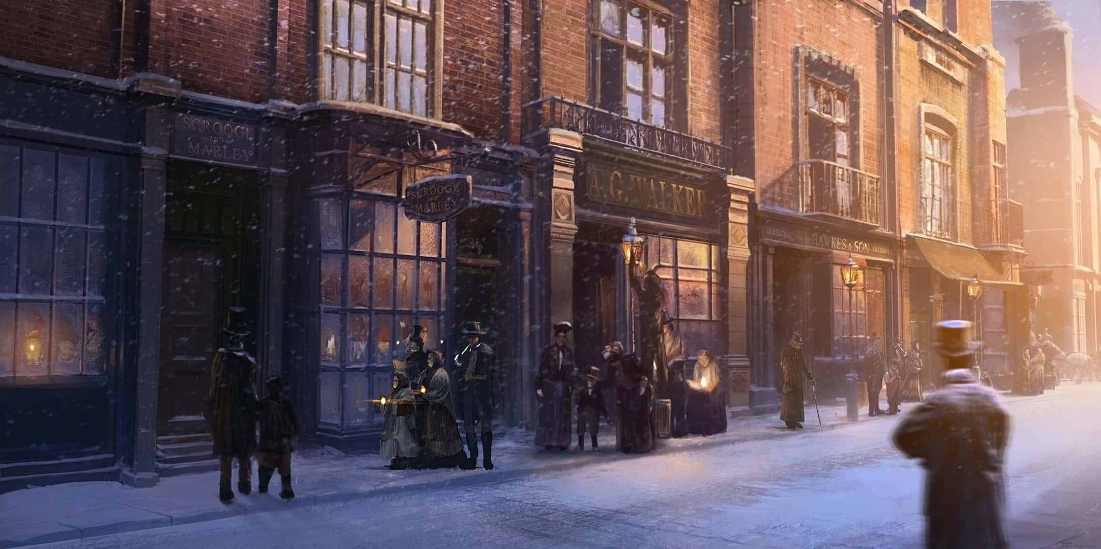 雪の降る街を歩く人々の絵画 壁紙