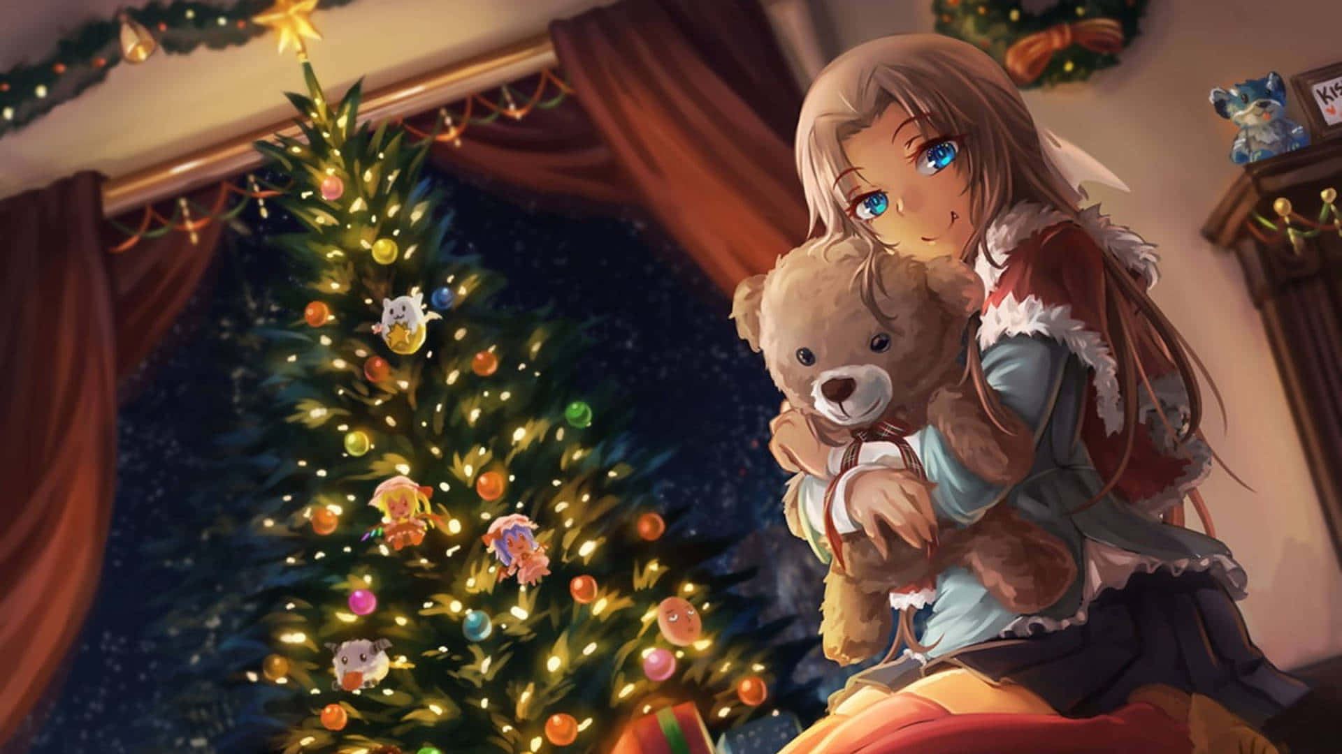 雪化粧した木と愛らしいキャラクターたちが祝う、お祭り気分あふれるアニメのクリスマス背景。 壁紙