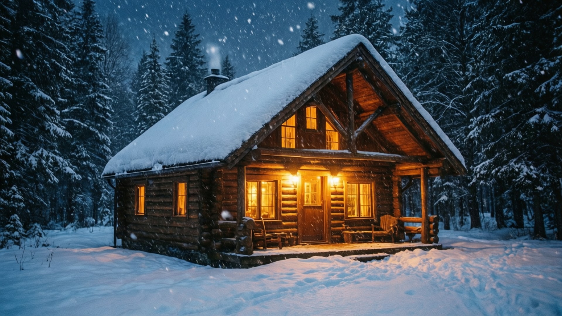 雪夜の小屋 壁紙