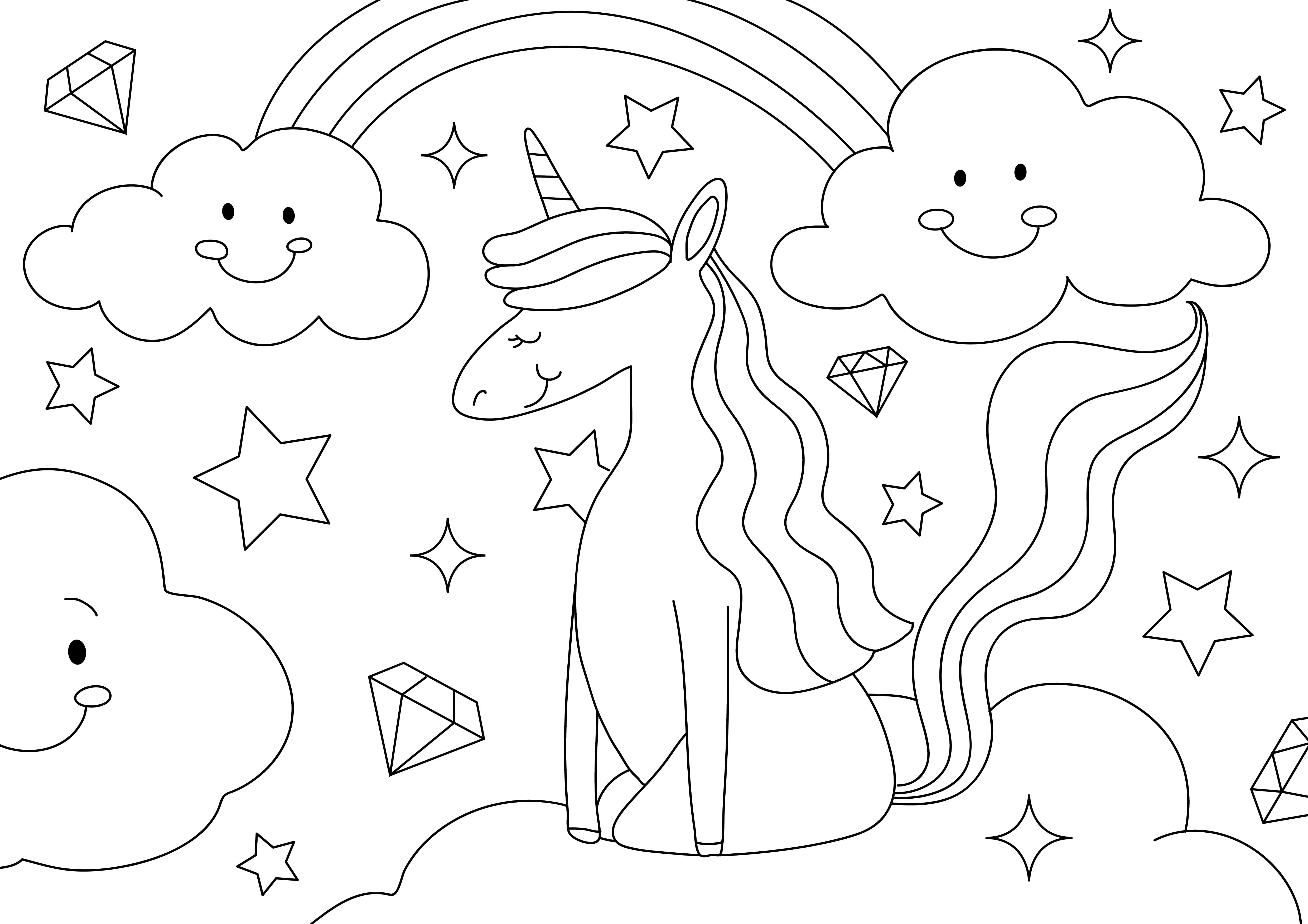 雲とユニコーンの塗り絵 壁紙