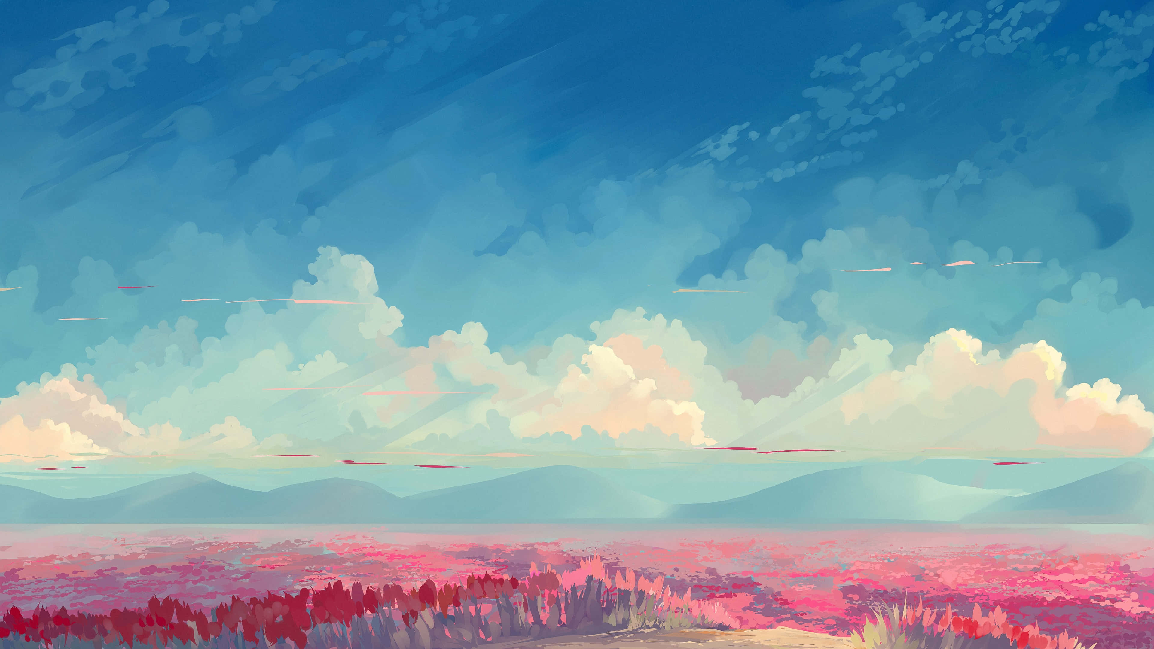 雲のある野原の絵画 壁紙