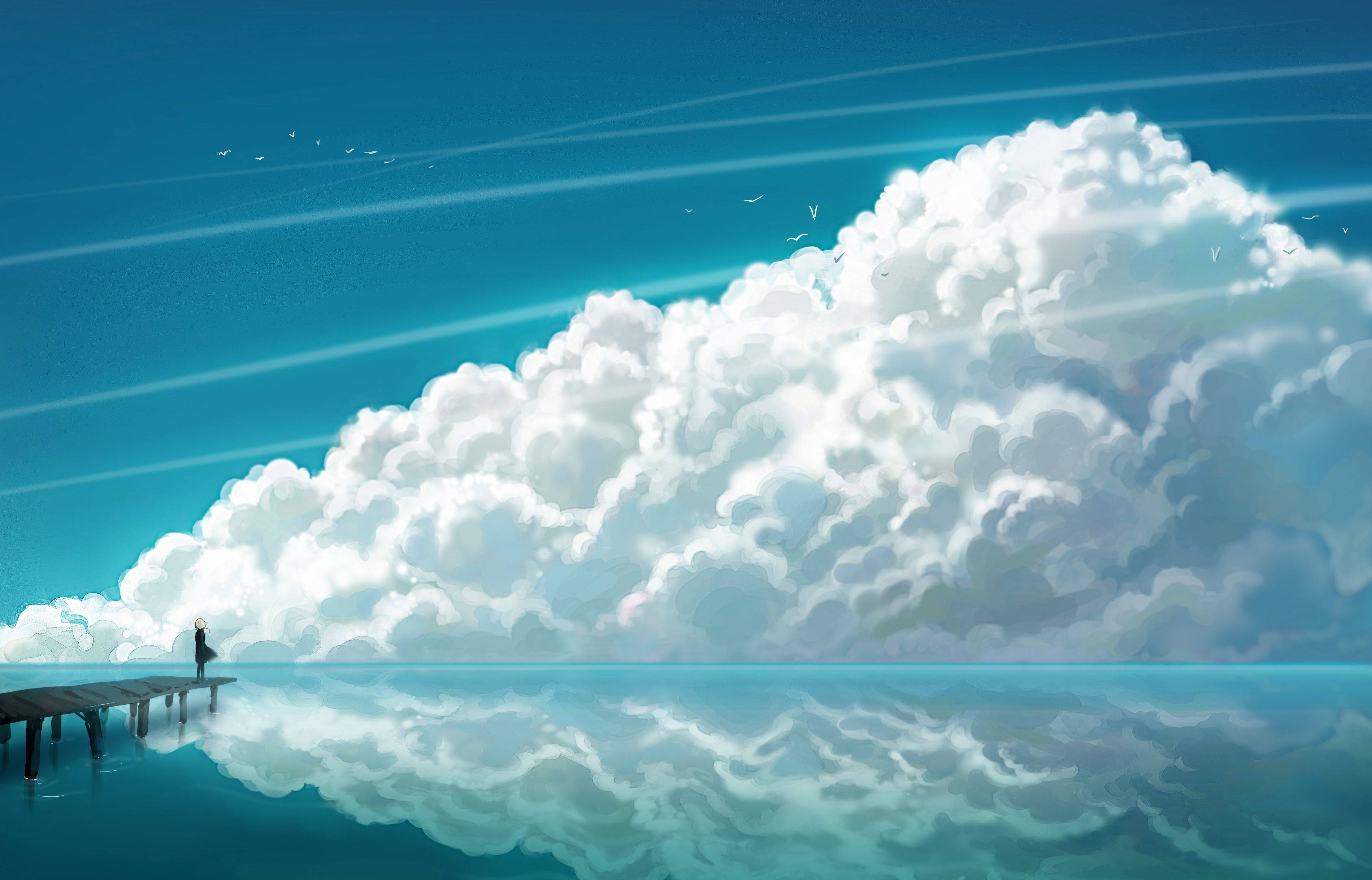 雲の集まりが広がるアニメ風景 壁紙