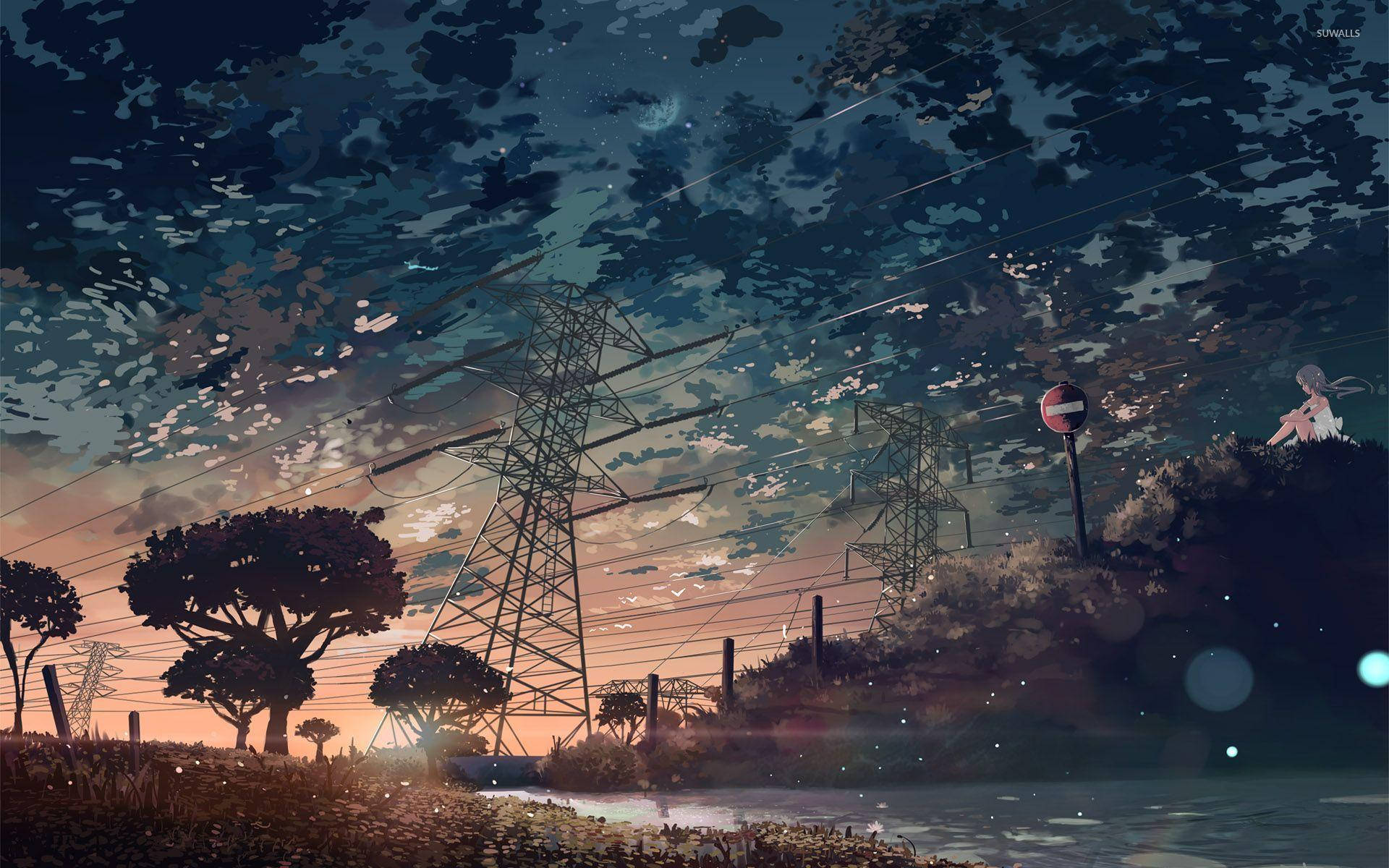 少女が座るアニメ風夕焼けの美学